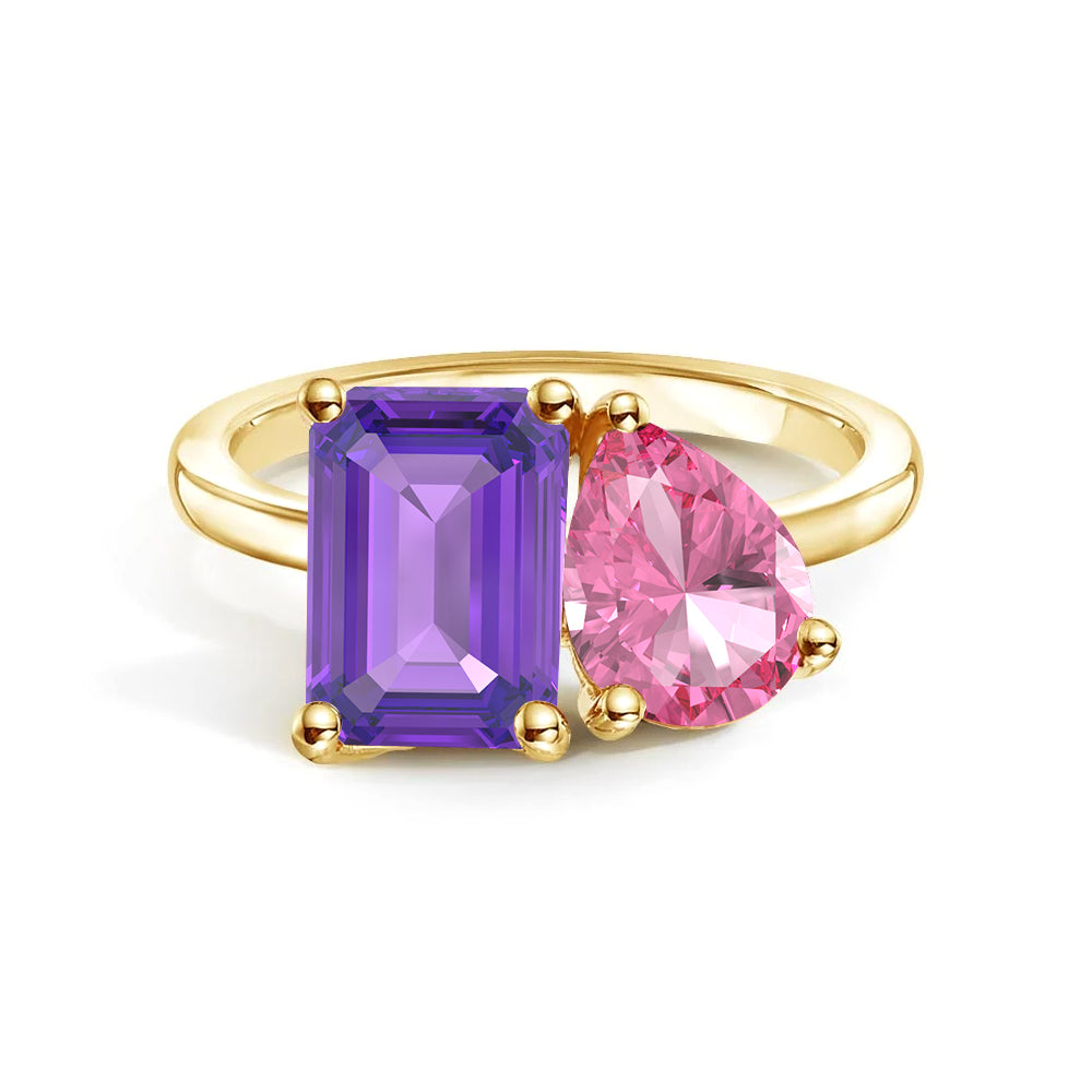 Personalized Toi et Moi Amethyst Birthstone Ring - Custom Anniversary Jewelry for Couples, Gift for Her, Romantic Proposal & Wedding Band