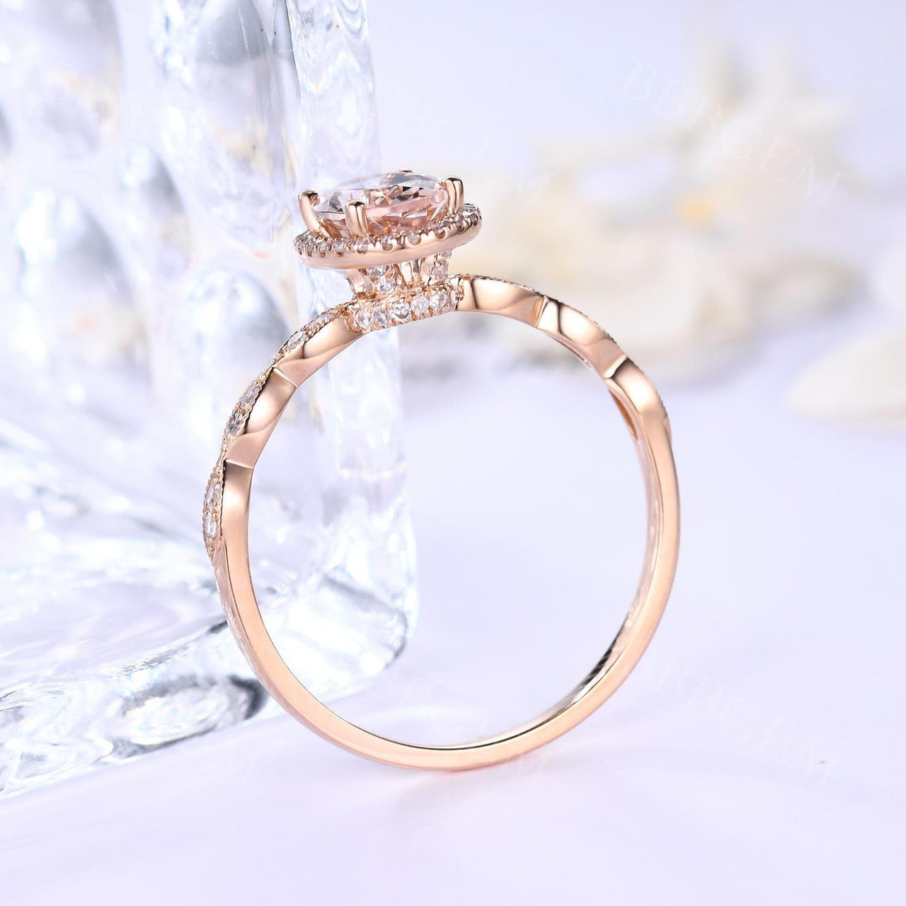 Rose Gold Diamond Halo Lab Ruby Engagement Ring Set With Euro Open Shank Double Band - Elegant Wedding Jewelry for Brides, Anniversary Gifts & Romantic Proposals