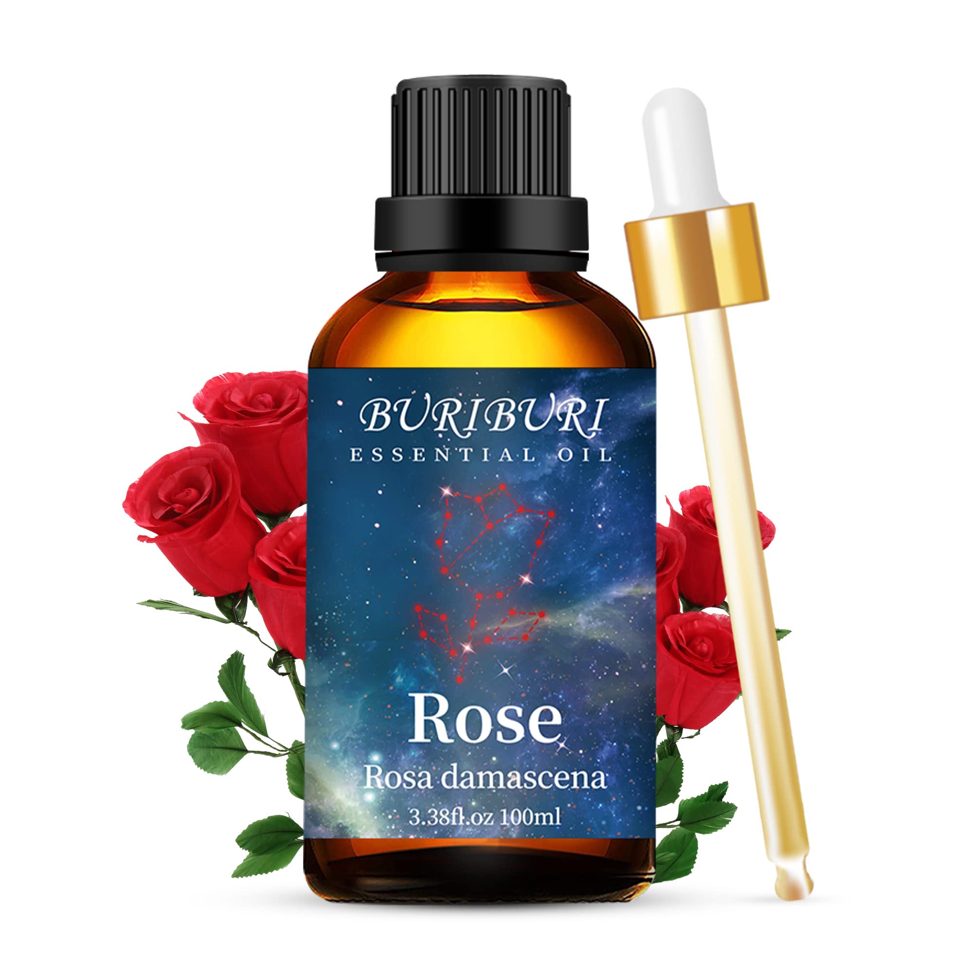 100% Pure Natural Undiluted BURIBURI Rose Essential Oil 3.38 fl.oz (100ml) - Aromatherapy Gift Set for Soap Making, Candle Making, Massage, Diffuser & Humidifier | Perfect for Relaxation, Skin Care & Home Fragrance