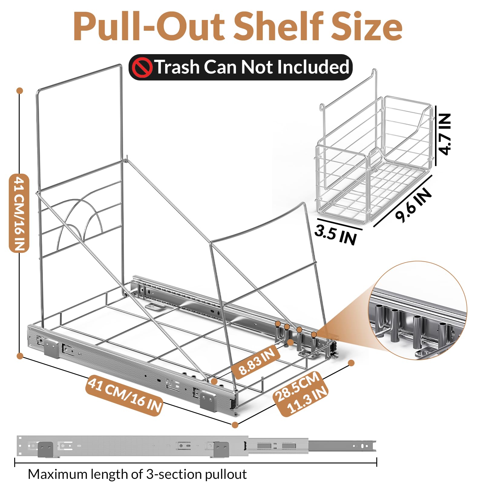 Under Sink Pull Out Trash Can Shelf - Adjustable & Space Saving Cabinet Organizer for 7-11 Gallon Bins with Removable Front Basket (Trash Can Not Included) | Perfect Kitchen Storage Solution for Small Spaces