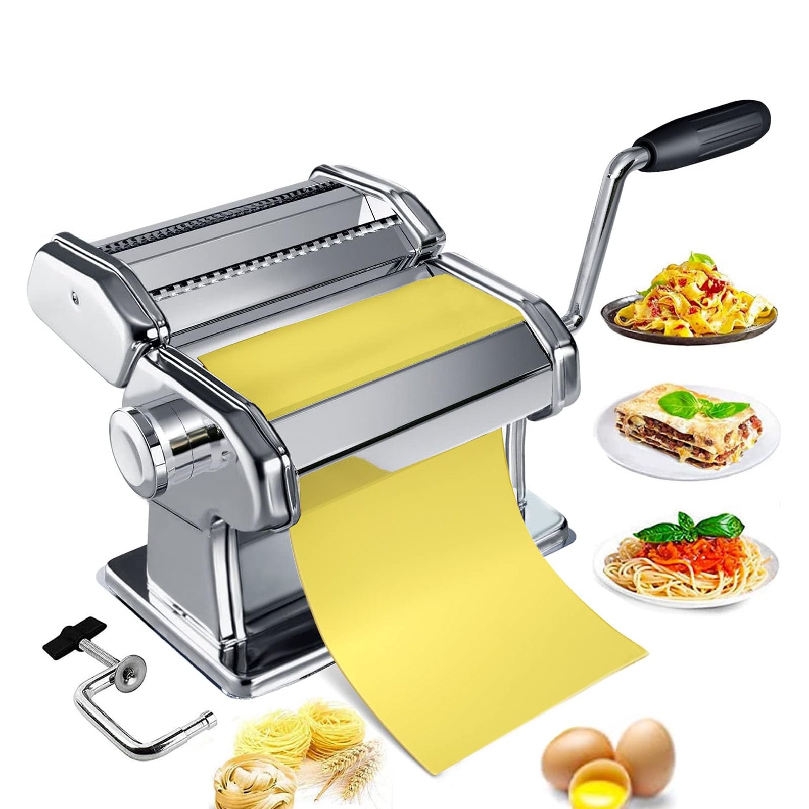Stainless Steel Pasta Maker Machine - Hand Crank Noodle Maker with 7 Adjustable Thickness Settings (0.5-2.5mm) for Homemade Dumpling Wrappers, Spaghetti & Fettuccine | Perfect for Italian Cuisine & Asian Cooking