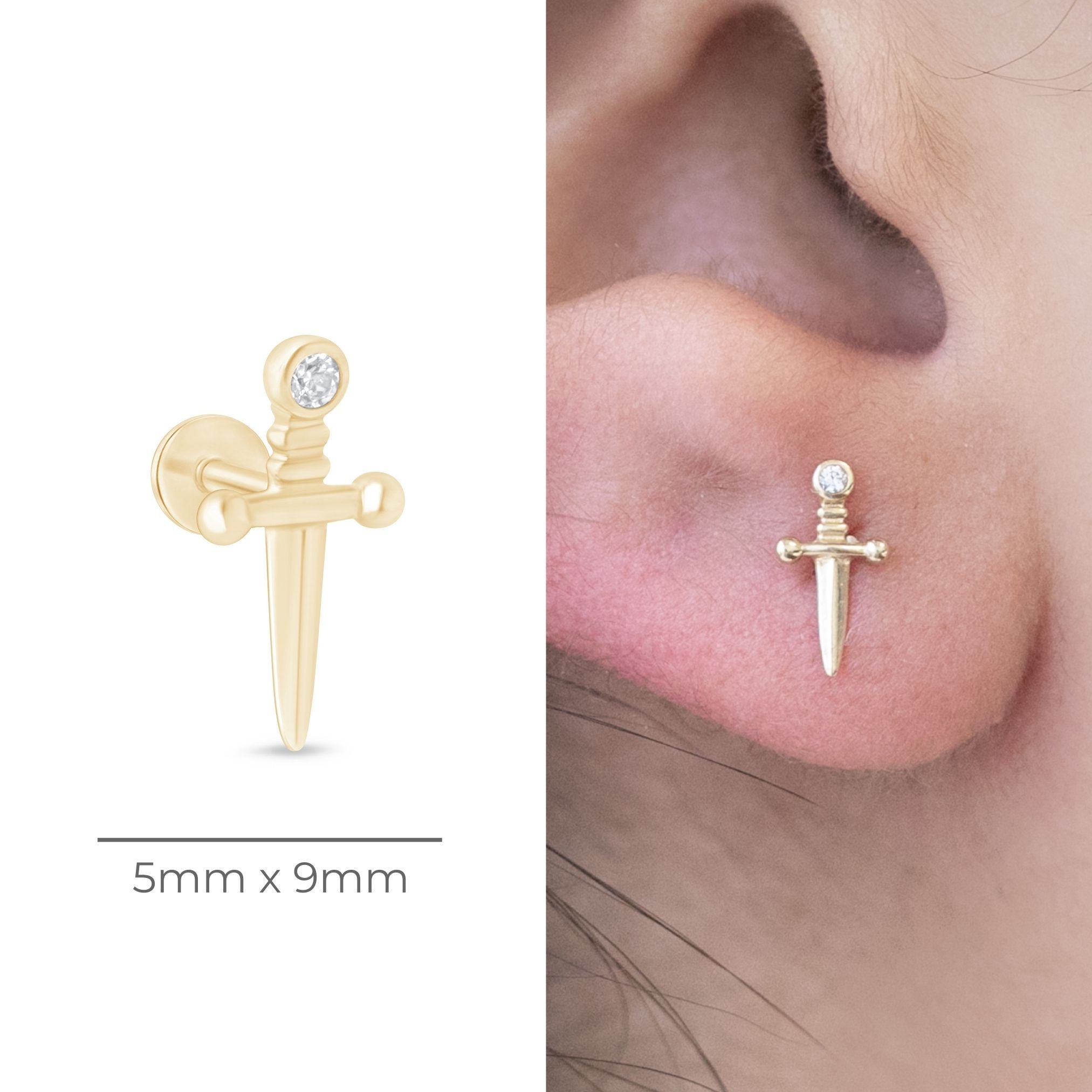 14K Solid Yellow Gold Gemstone Dagger Flat Back Stud Earrings - Perfect for Gothic, Punk, and Alternative Fashion Styles