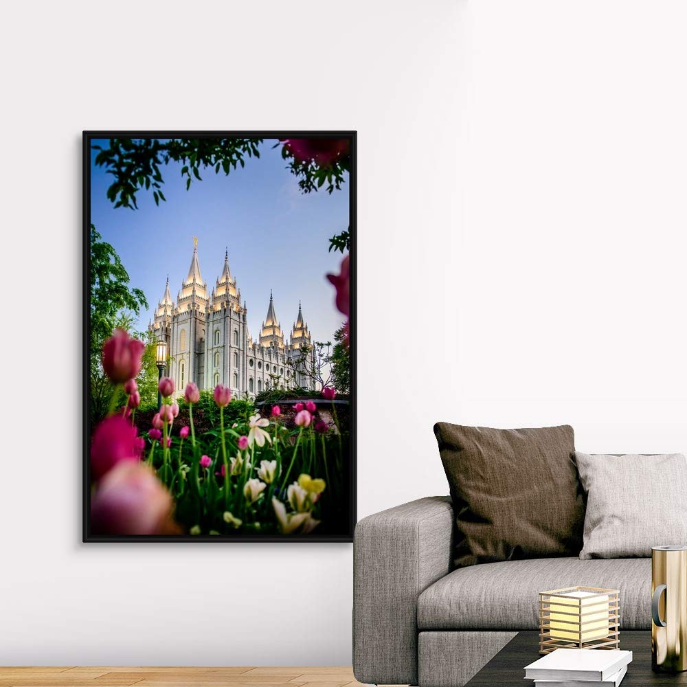 Salt Lake Temple with Tulips - Black Float Frame Canvas Wall Art - Utah Landscape Painting - Perfect for Home Decor, Office & Gift Giving