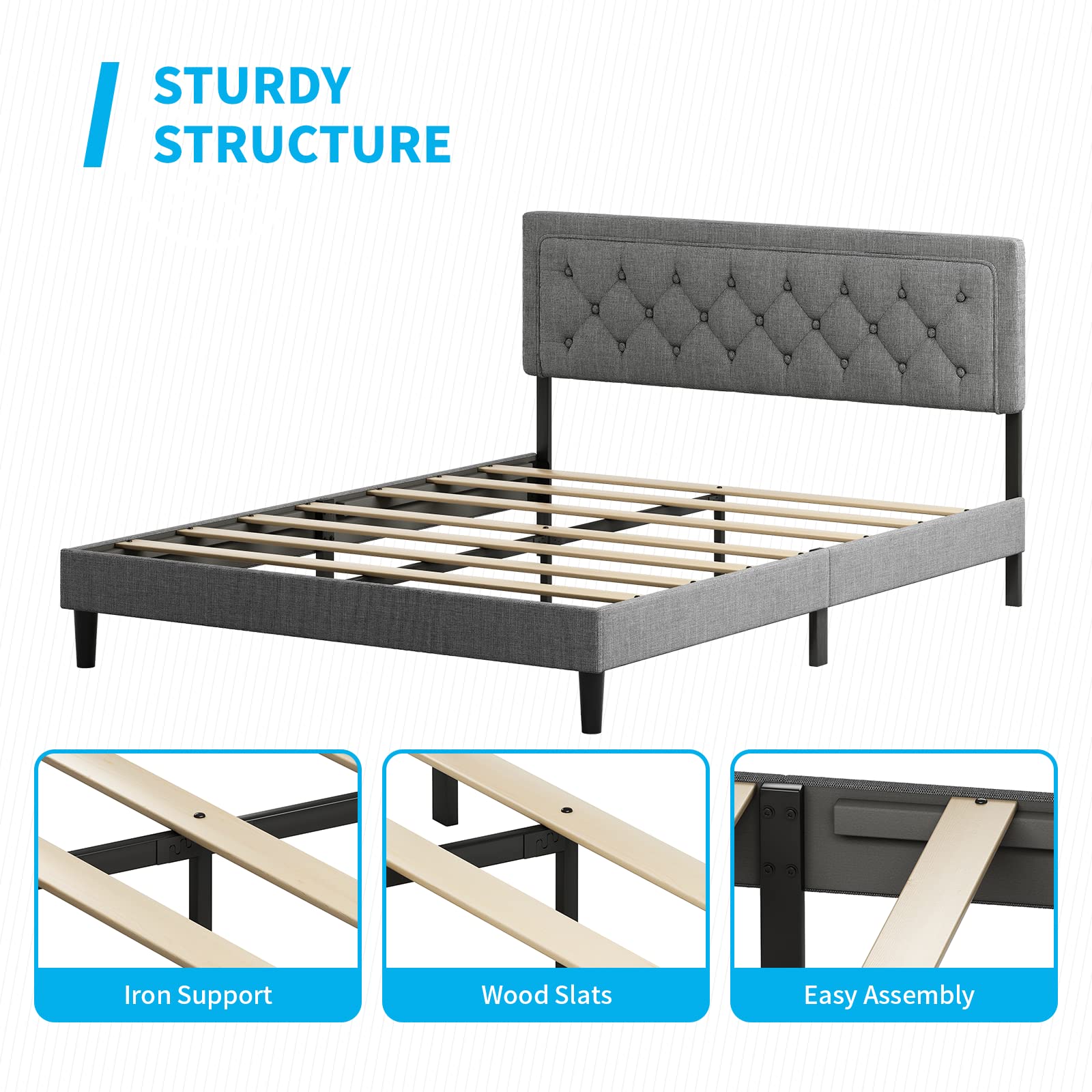 Mjkone Queen Size Bed Frame with Adjustable Headboard - Dark Grey Upholstered Platform Bed, No Box Spring Needed, Modern Tufted Design for Bedroom & Apartment | Perfect for Small Spaces, Guest Rooms & Master Bedrooms