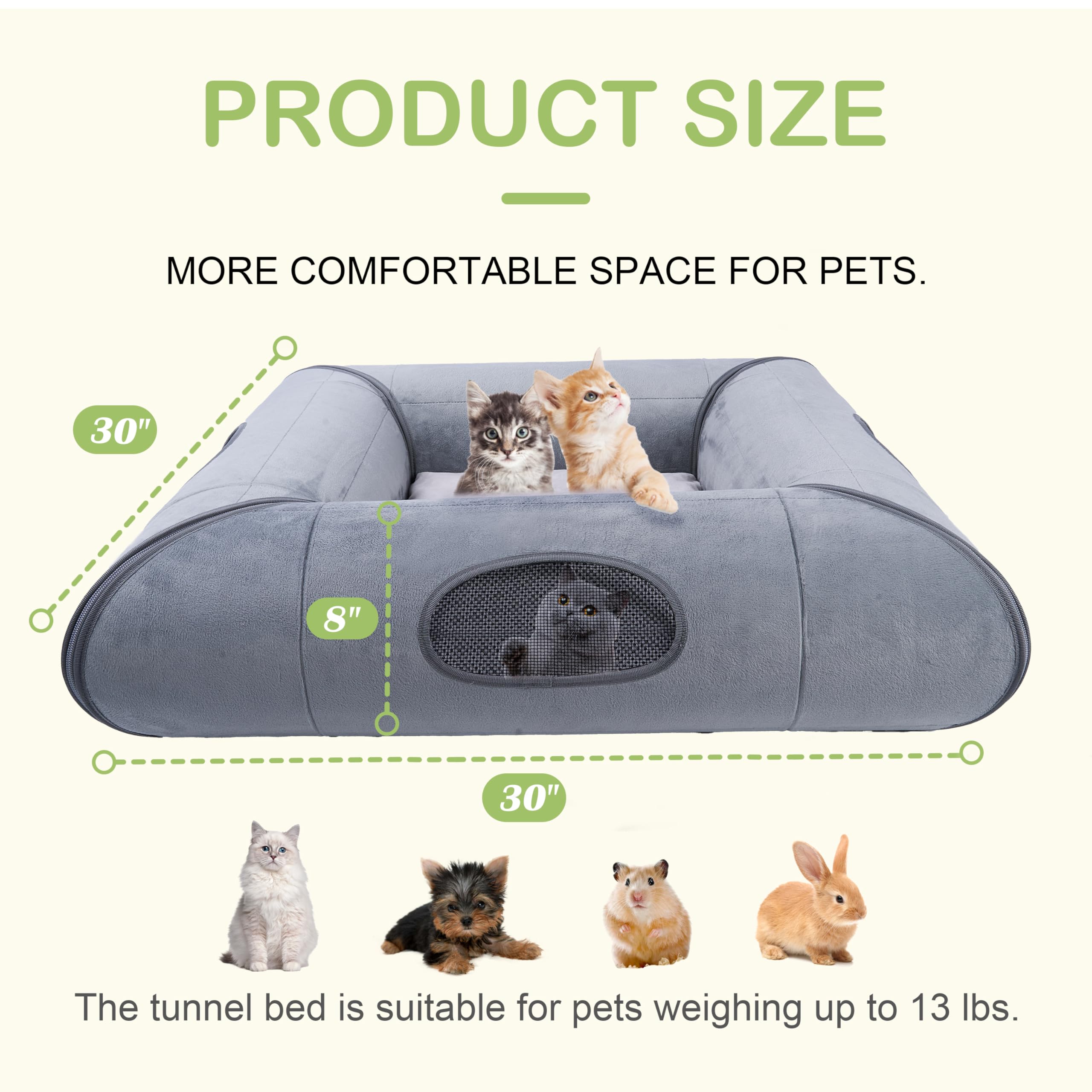 Collapsible Cat Tunnel Bed with Removable Washable Cushion - Peekaboo Pet Cave for Kittens & Rabbits - Indoor Interactive Cat Toy - Scratch Resistant & Durable - Perfect for Playtime & Nap Time (Gray, No Door)