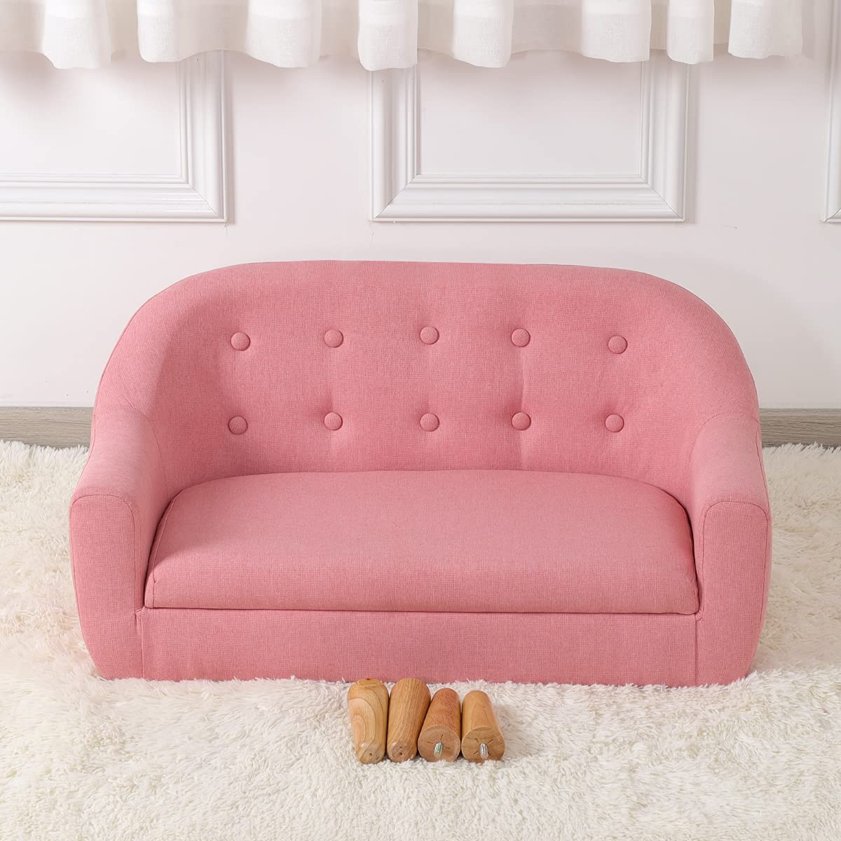 Koopo Kids Sofa - 30-Inch Pink Linen Fabric 2-Seater Upholstered Toddler Couch for Children | Perfect for Playroom, Nursery & Gift Giving