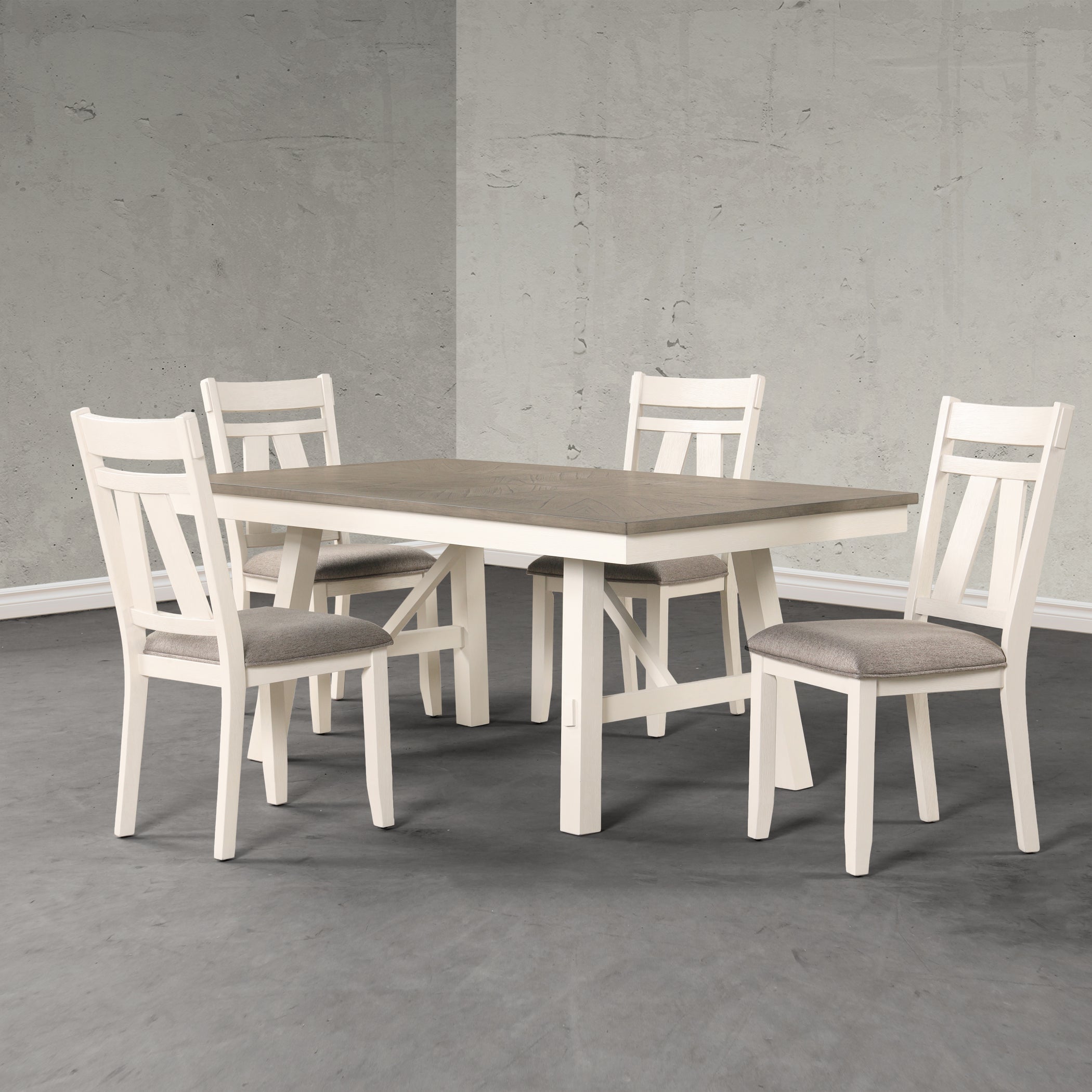 Roundhill Furniture Fasena 5-Piece Dining Set - Rustic Gray Trestle Table with 4 Off-White Chairs | Perfect for Farmhouse Kitchens, Dining Rooms & Outdoor Entertaining