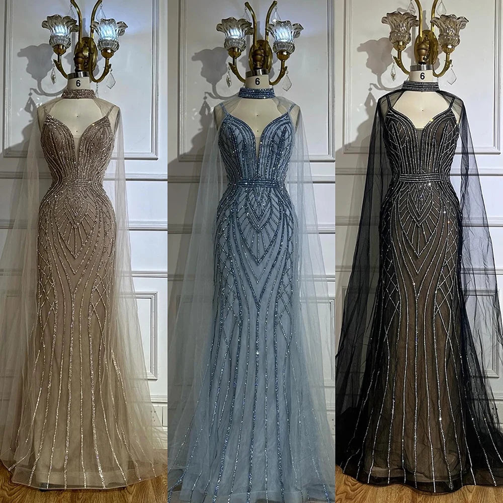 Luxury Dubai Saudi Caramel Mermaid Arabic Evening Dresses with Beaded Cape Sleeves - Formal Gowns for Weddings, Galas & Special Occasions LA72852