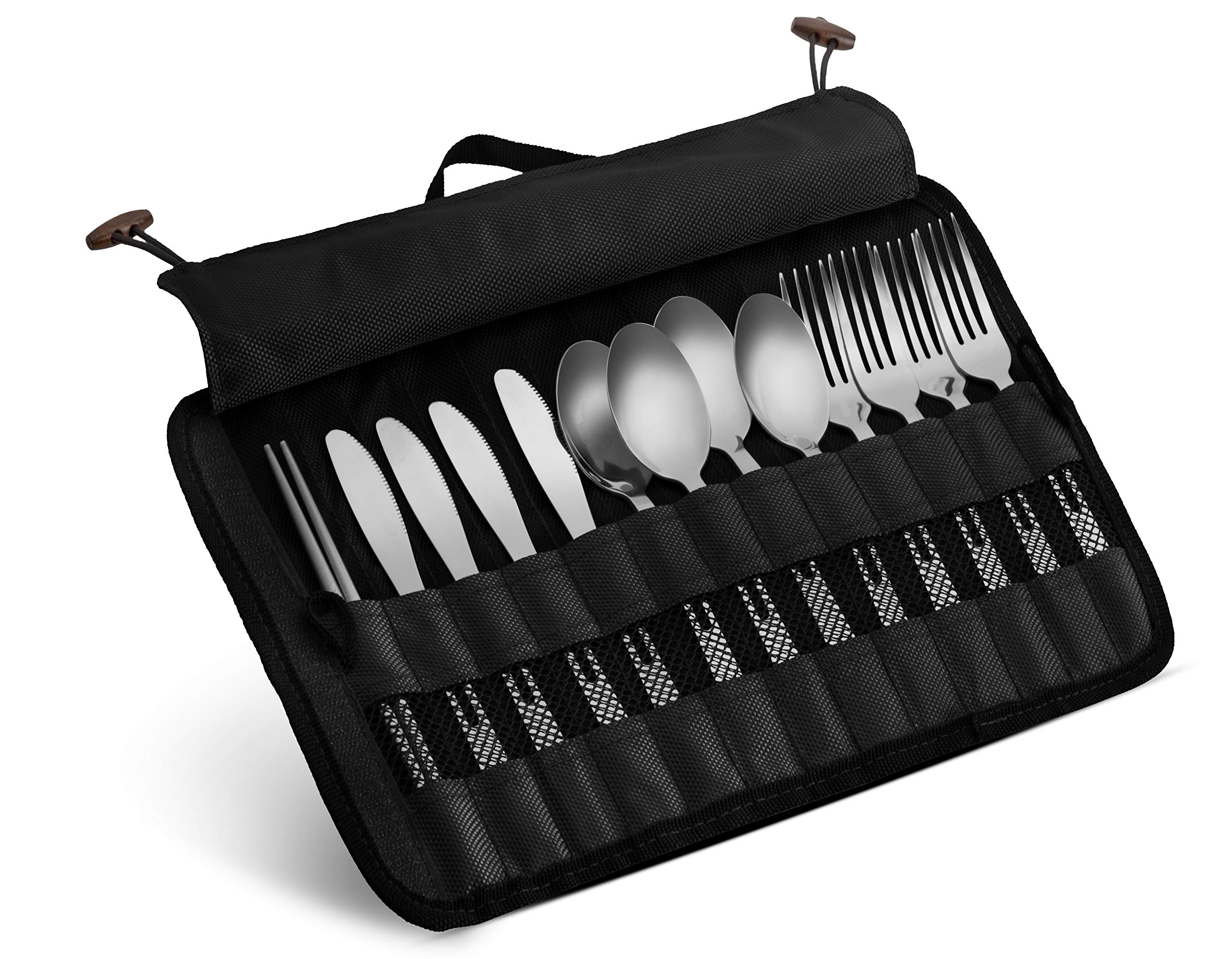 13-Piece Stainless Steel Cutlery Set with Travel Case - Forks, Spoons, Knives & Chopsticks - Perfect for Camping, Hiking, BBQs, Picnics & Outdoor Dining - Durable Nylon Commuter Case (Black)