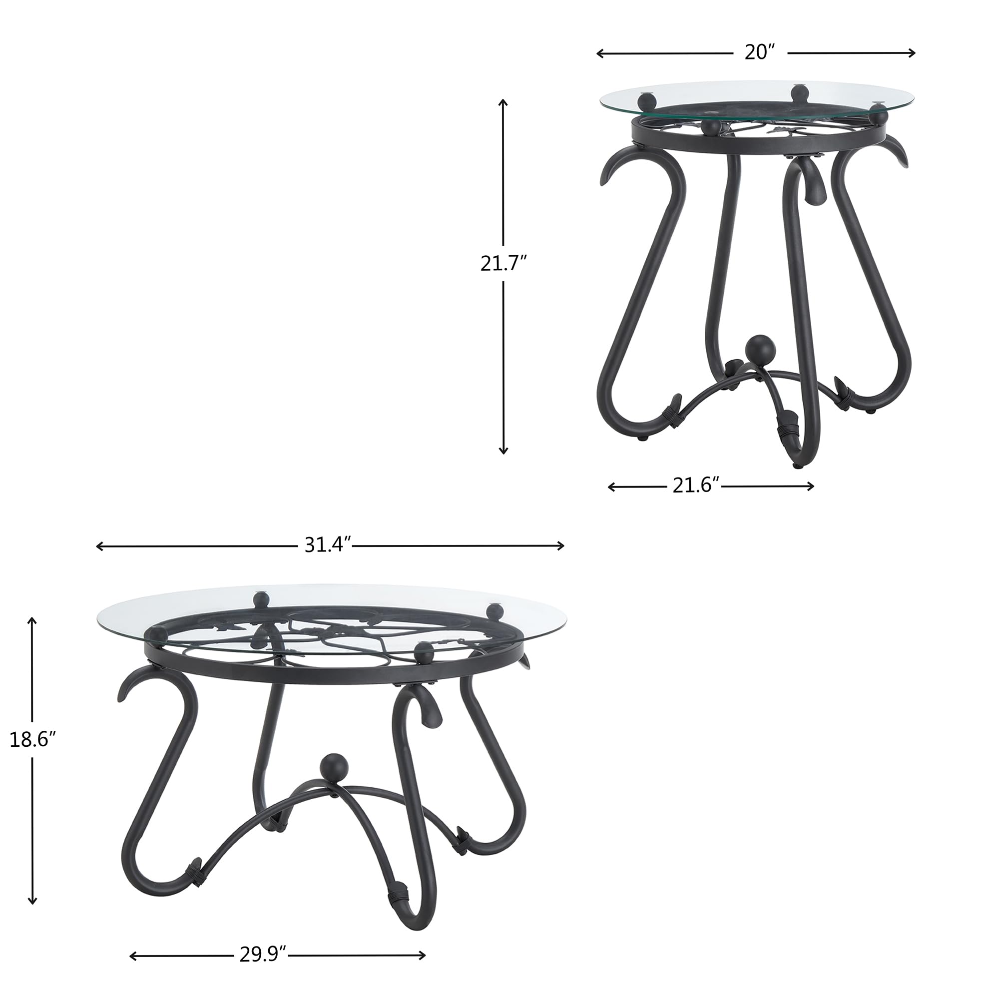 Modern Glass Coffee Table and End Table Set of 2 - Tempered Glass Top with Sturdy Metal Frame - Black Living Room Center & Sofa Side Tables - Perfect for Home Office, Lounge & Small Space Decor