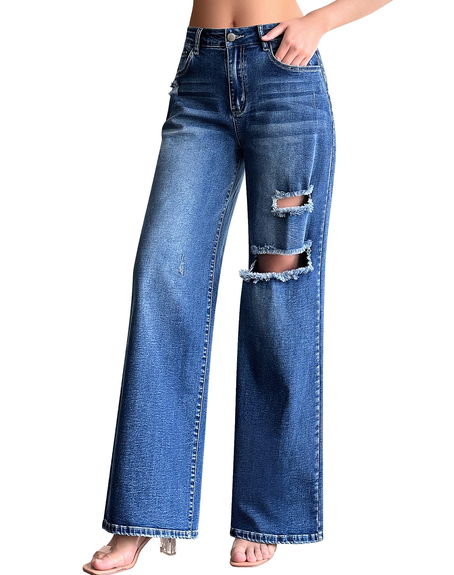 Roswear Women's Baggy Wide Leg Boyfriend Jeans - High Waisted Stretchy Ripped Denim Pants for Casual Outfits & Streetwear Fashion
