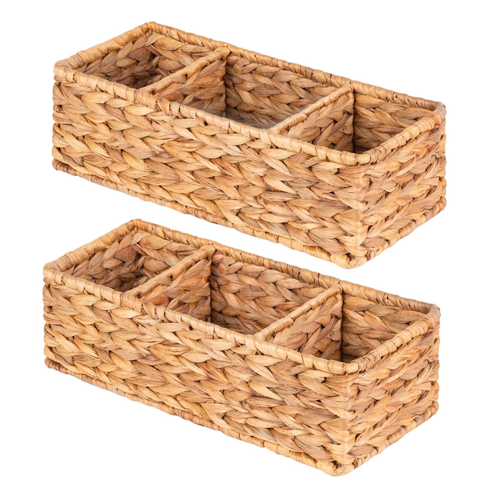 Water Hyacinth Storage Baskets - 2 Pack Woven Toilet Paper Holder & Bathroom Organizer with 3 Sections - Natural Wicker Tank Topper Basket for Bathroom, Bedroom, or Kitchen Storage