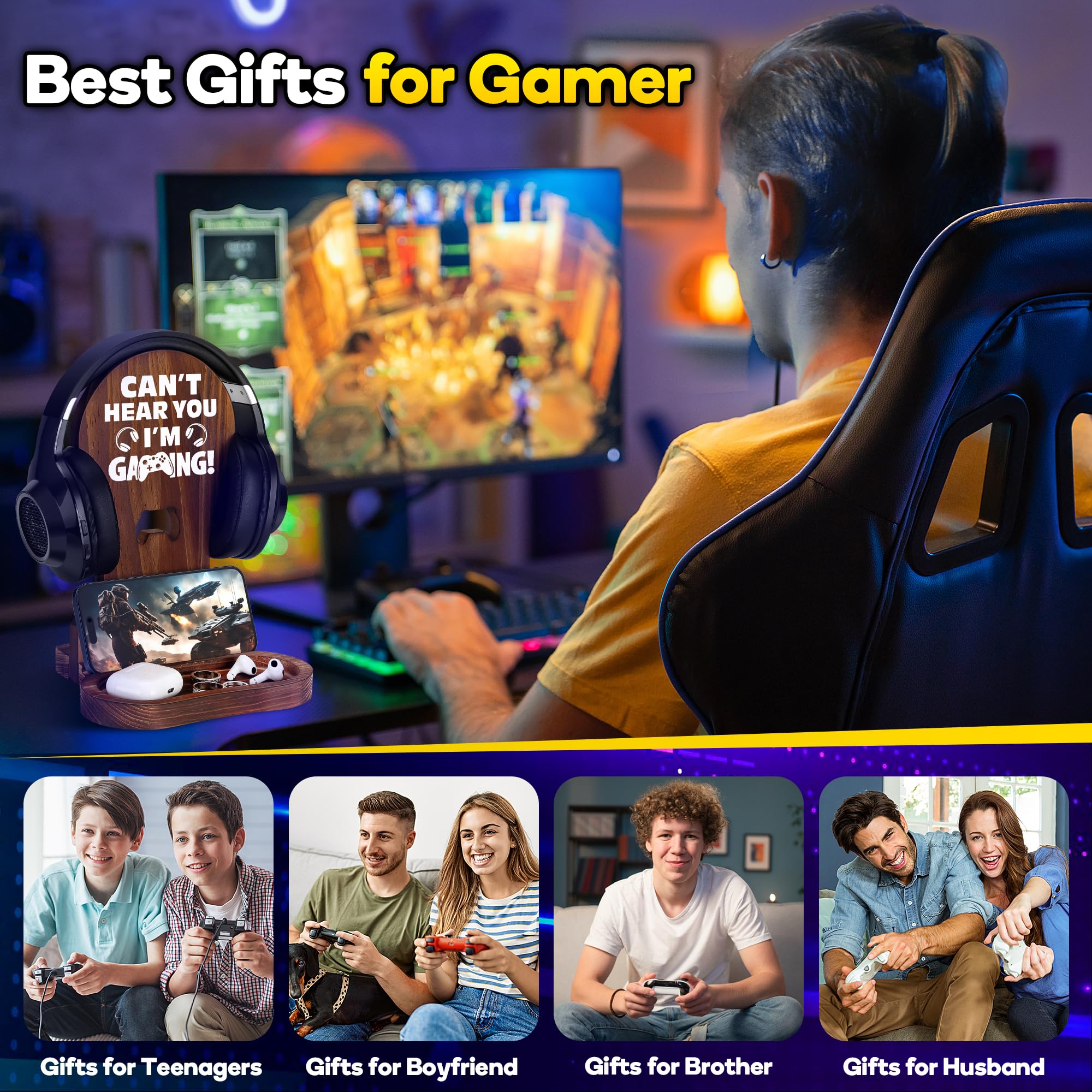 Premium Wooden Gaming Headset Stand - Unique Gamer Gifts for Men, Teen Boys, Husband & Boyfriend - Cool Gaming Room Decor & Accessories - Perfect for Gaming Setups, Streamer Battlestations & Esports Enthusiasts