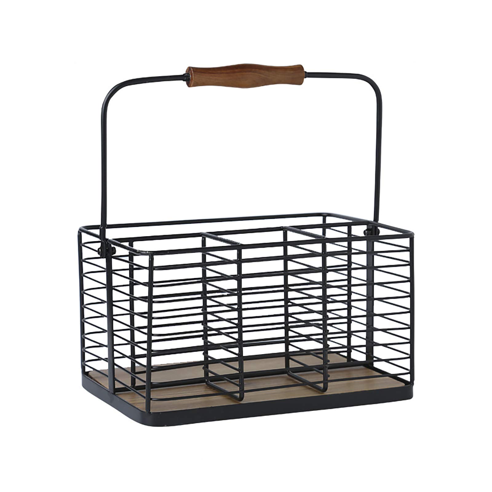 VANRA Metal Flatware Caddy with Wood Handle - Kitchen Utensil Holder, Condiment Organizer & Storage Basket - Black | Perfect for Countertop, Dining Table, and Restaurant Organization