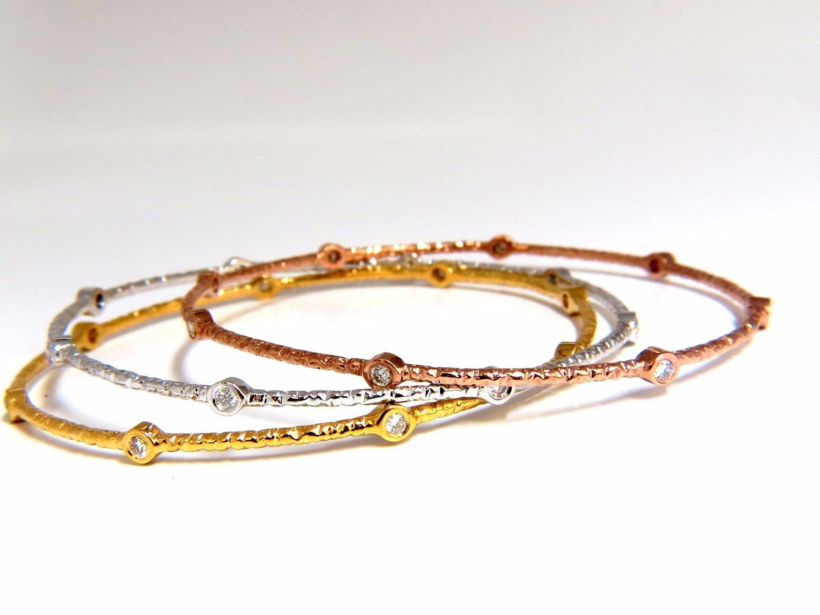 0.96CT Round Diamond Stacking Bangle Bracelet - 14K Gold Hammered Rustic Finish for Women - Perfect for Layering, Everyday Wear & Special Occasions