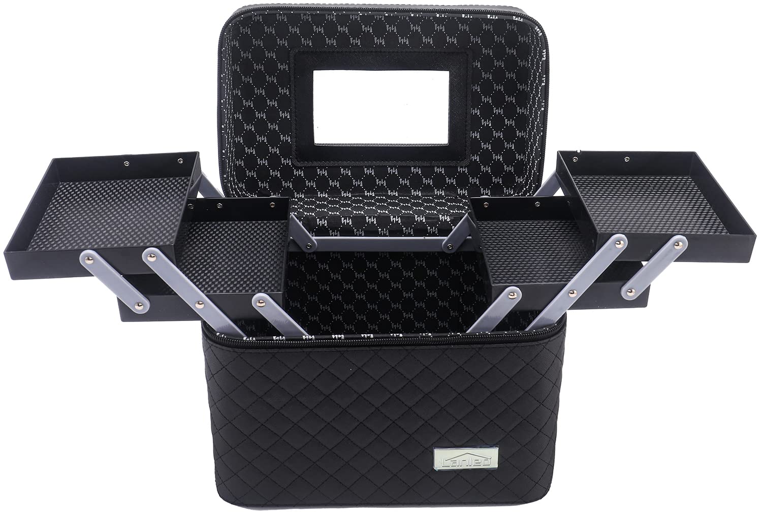Sooyee 4-Layer Foldable Makeup Bag with Mirror - Travel Cosmetic Organizer for Women, Black | Perfect for Travel, Home Storage & Makeup Artists