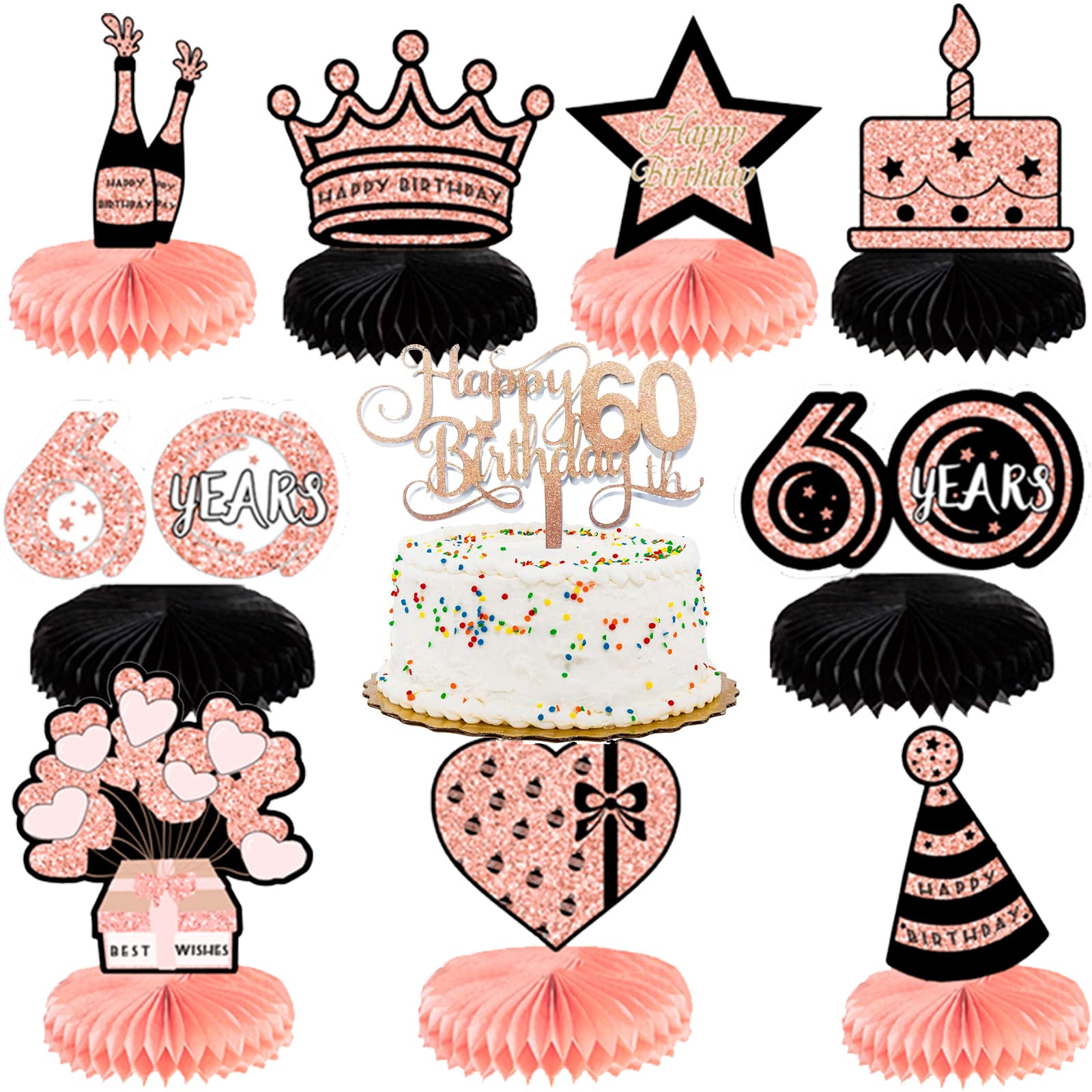 60th Birthday Decorations Rose Gold - 10PCs Honeycomb Centerpieces for Party Tables & Cake Toppers - Perfect for Women's 60 Year Celebration