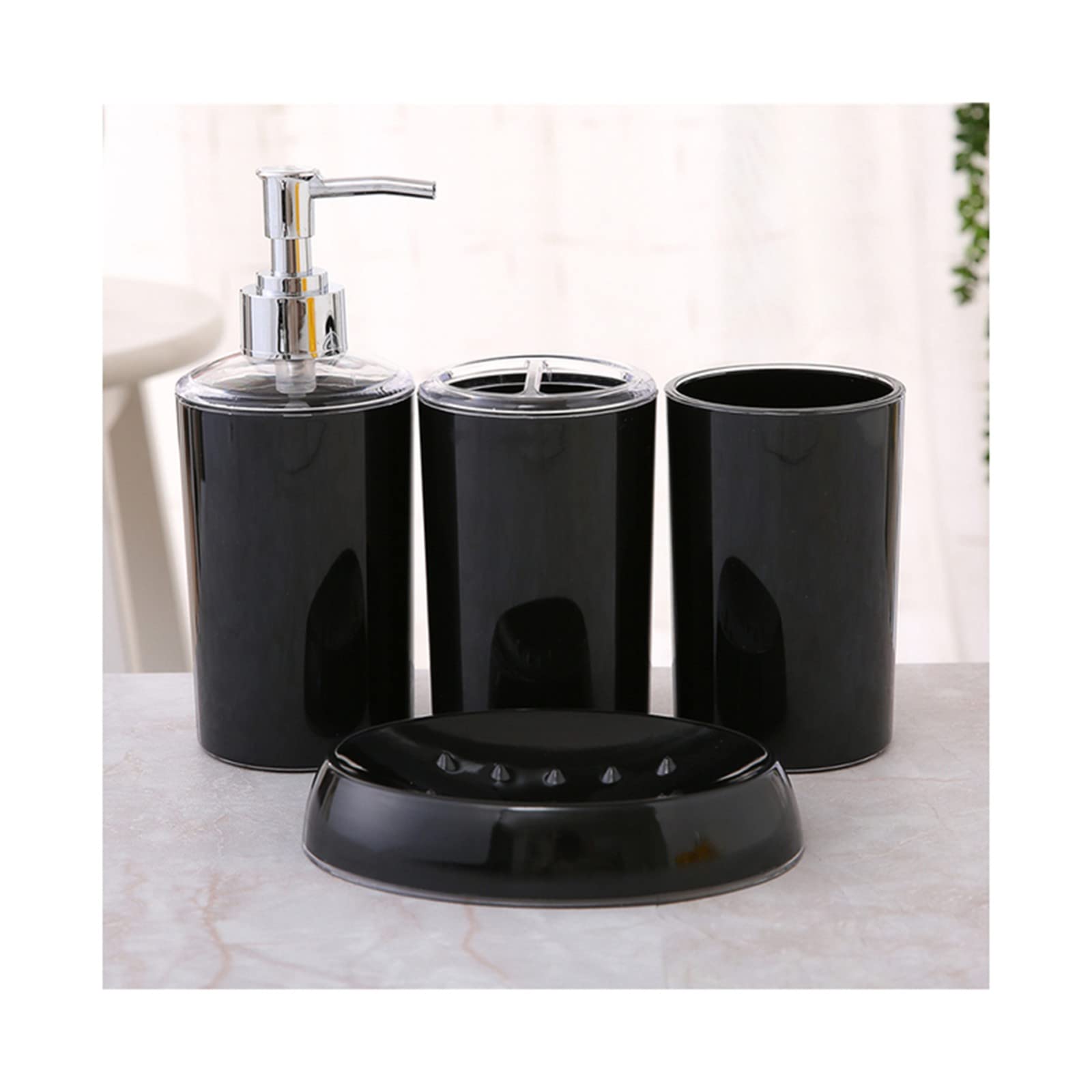 TYECE 4-Piece Bathroom Accessories Set - Plastic Soap Dispenser, Toothbrush Holder, Soap Dish & Cup - Modern Black Bathroom Organizer for Sink Countertop, Guest Bath or Apartment