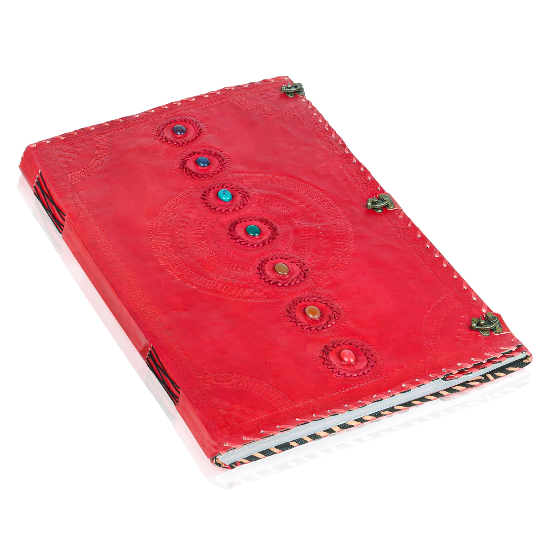 SKYLAND Handmade Leather Journal - 7 Chakra Embossed Medieval Stone Design, Book of Shadows Notebook for Office, College, Poetry & Sketching, 14x22cm (Red) - Perfect for Wiccan Rituals, Journaling & Gift Giving