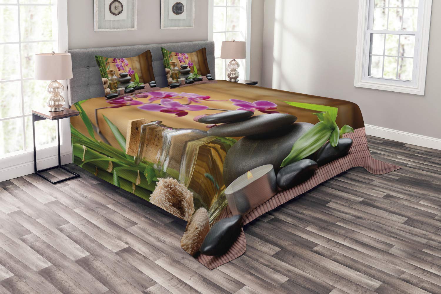 Ambesonne Spa Bedspread Set - 3 Piece King Size Bedding with Healing Stones & Floral Print | Purple Black Green Decorative Coverlet & 2 Pillow Shams | Perfect for Spa Reception, Bedroom Decor & Relaxation Retreat