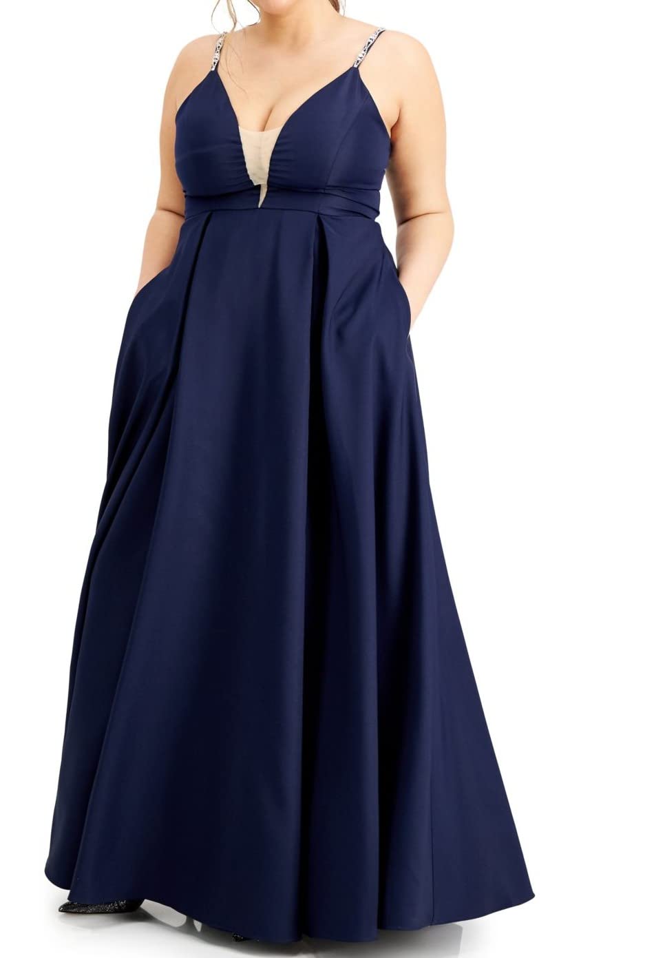 Elegant Navy Blue Embellished Spaghetti Strap V-Neck Formal Dress for Women - Size 22 | Perfect for Evening Gowns, Prom Dresses, Wedding Guest Outfits & Special Occasions