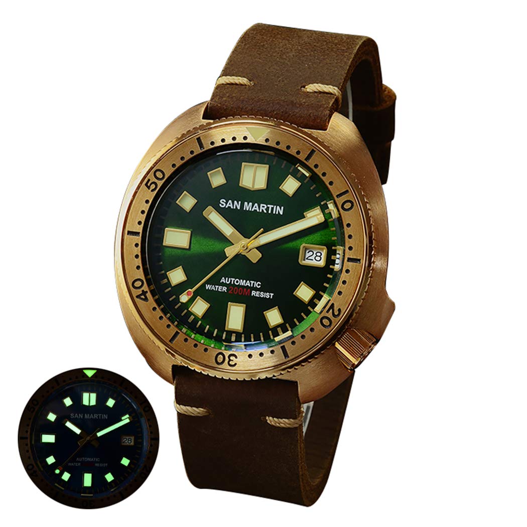 **San Martin Men's Automatic Dive Watch - 200m Waterproof Bronze Case Military Sport Watch with Super Luminous & Rotating Bezel - Perfect for Scuba Diving, Outdoor Adventures & Casual Wear**