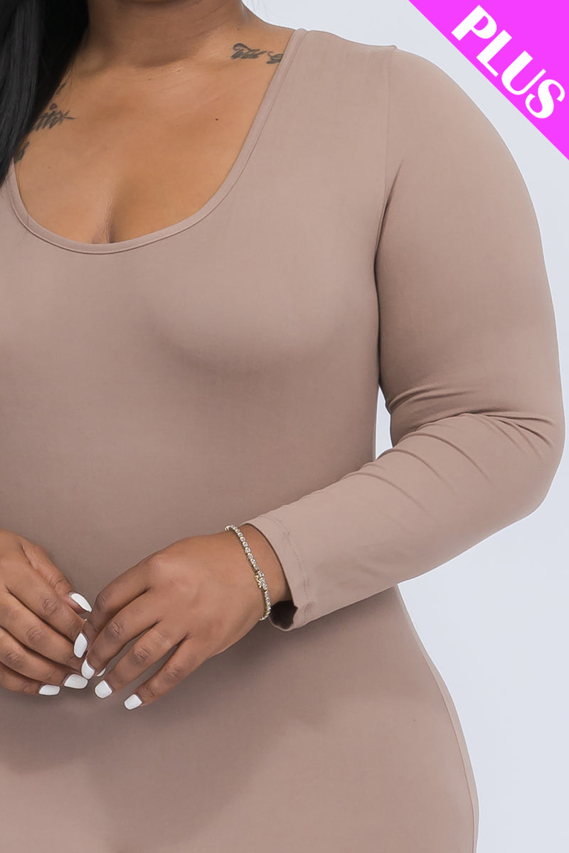 Plus Size Scoop Neck Long Sleeve Bodycon Jumpsuit for Women - Stretchy Comfort Fit Party & Evening Wear (CAPELLA) - Perfect for Club Nights, Date Nights and Special Occasions