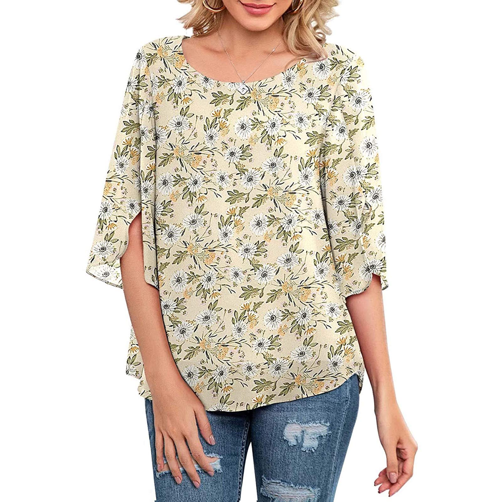 Women's 3/4 Sleeve Chiffon Blouse - Loose Casual Elegant Tops for Summer, Office & Work Shirts - Flowy T-Shirt Style Blouse for Women (Perfect for Business Casual, Date Night & Summer Outfits)