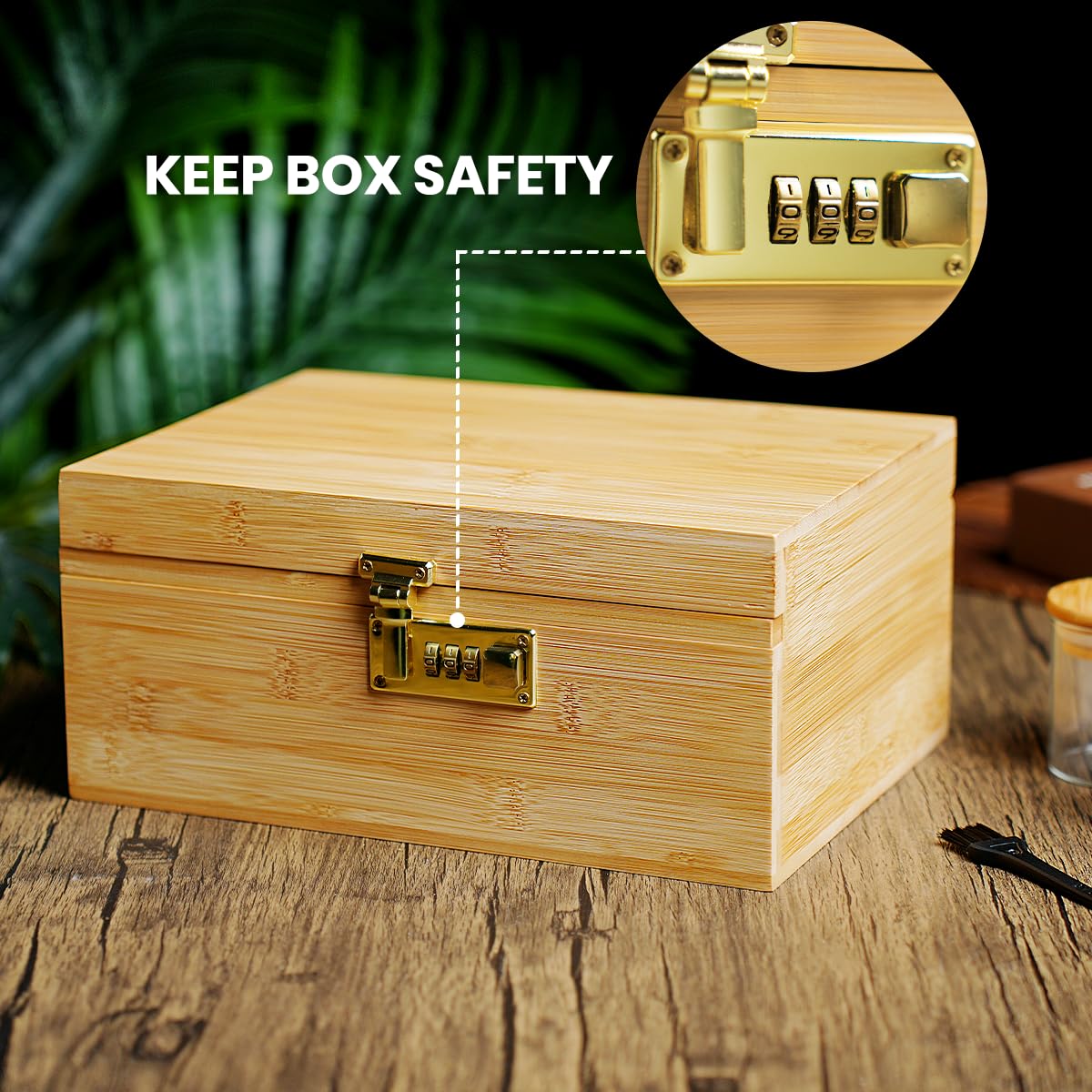 CODOGOY Large Bamboo Storage Box with Combination Lock - 11 x 8 x 5 Inches, Includes 3 Glass Jars & Brush - Perfect for Organizing Jewelry, Makeup, or Keepsakes at Home or Office