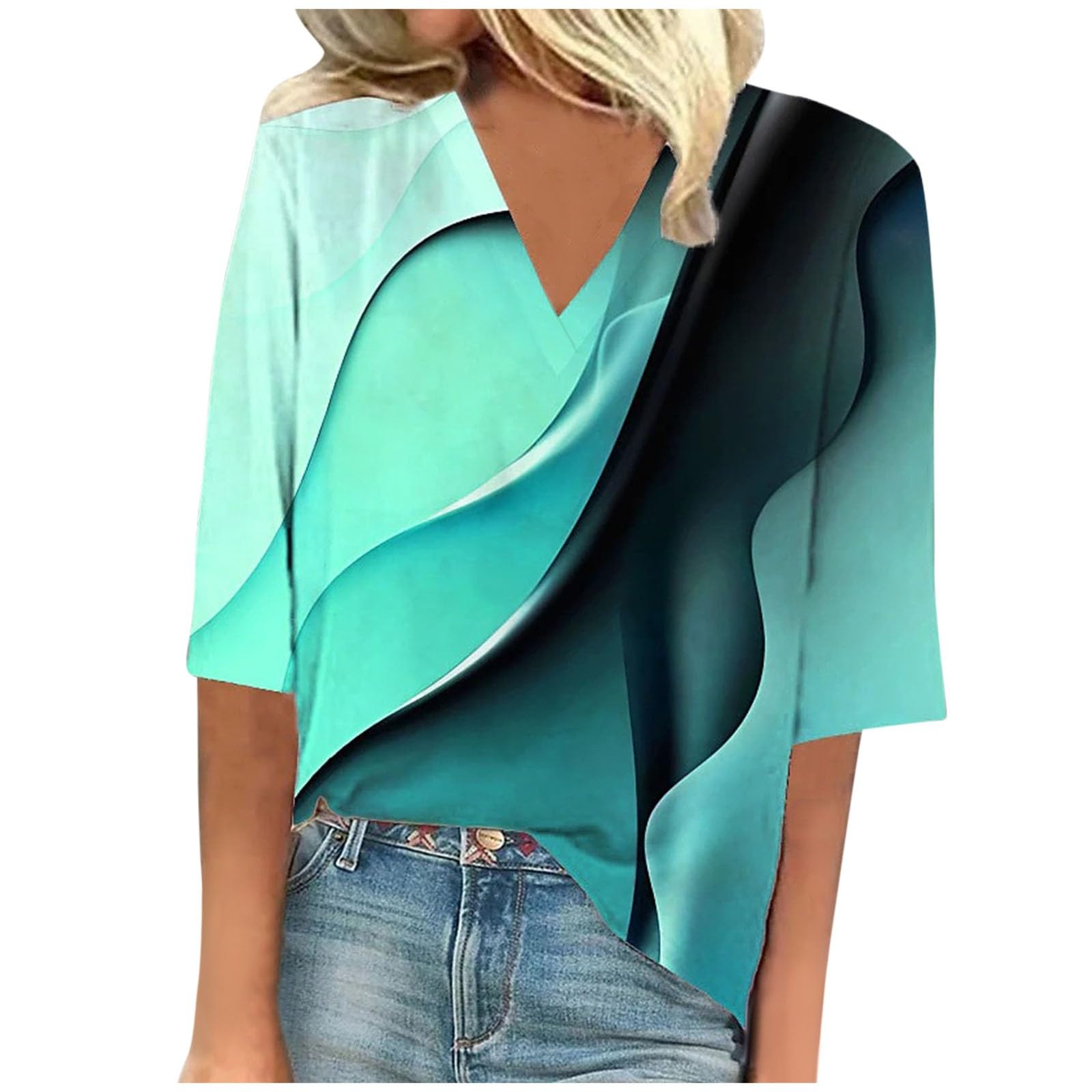 Trendy 3/4 Sleeve V-Neck Women's Tops - Loose Casual Blouses for Summer 2025 | Perfect for Beach Outings, Weekend Brunch & Casual Office Wear