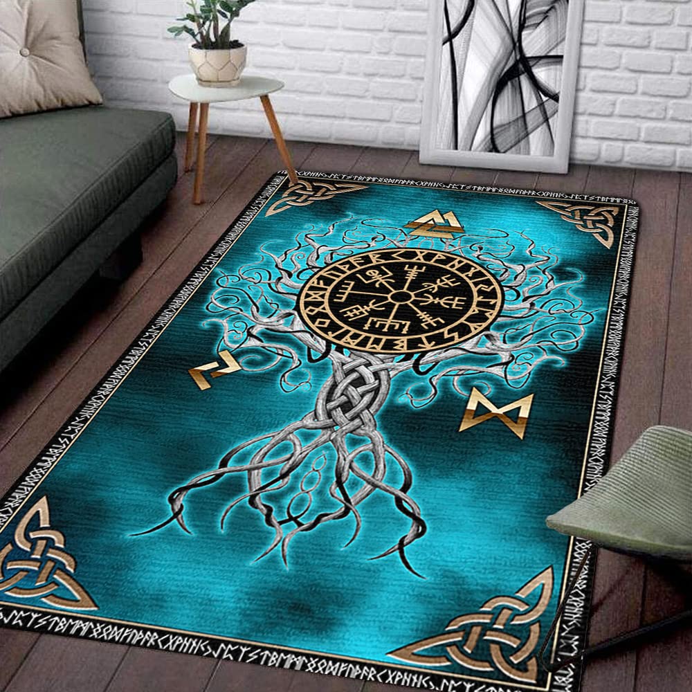 Yggdrasil Viking Rug - Norse Mythology Tree of Life Carpet | Non-Slip Flannel Floor Mat with Viking Runes & Celtic Design | Perfect for Home, Office, Bathroom Decor | Great for Living Room, Bedroom, or Viking-Themed Spaces