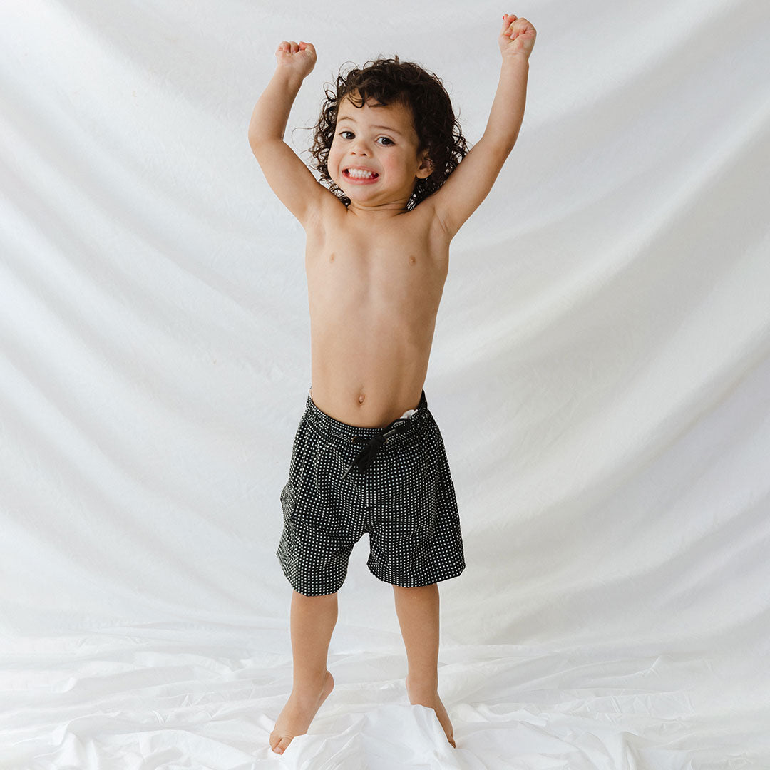 Black Checkers Jr. Swim Trunks for Boys - Quick Dry Swim Shorts with Fun Checkerboard Pattern - Perfect for Pool, Beach & Summer Water Activities
