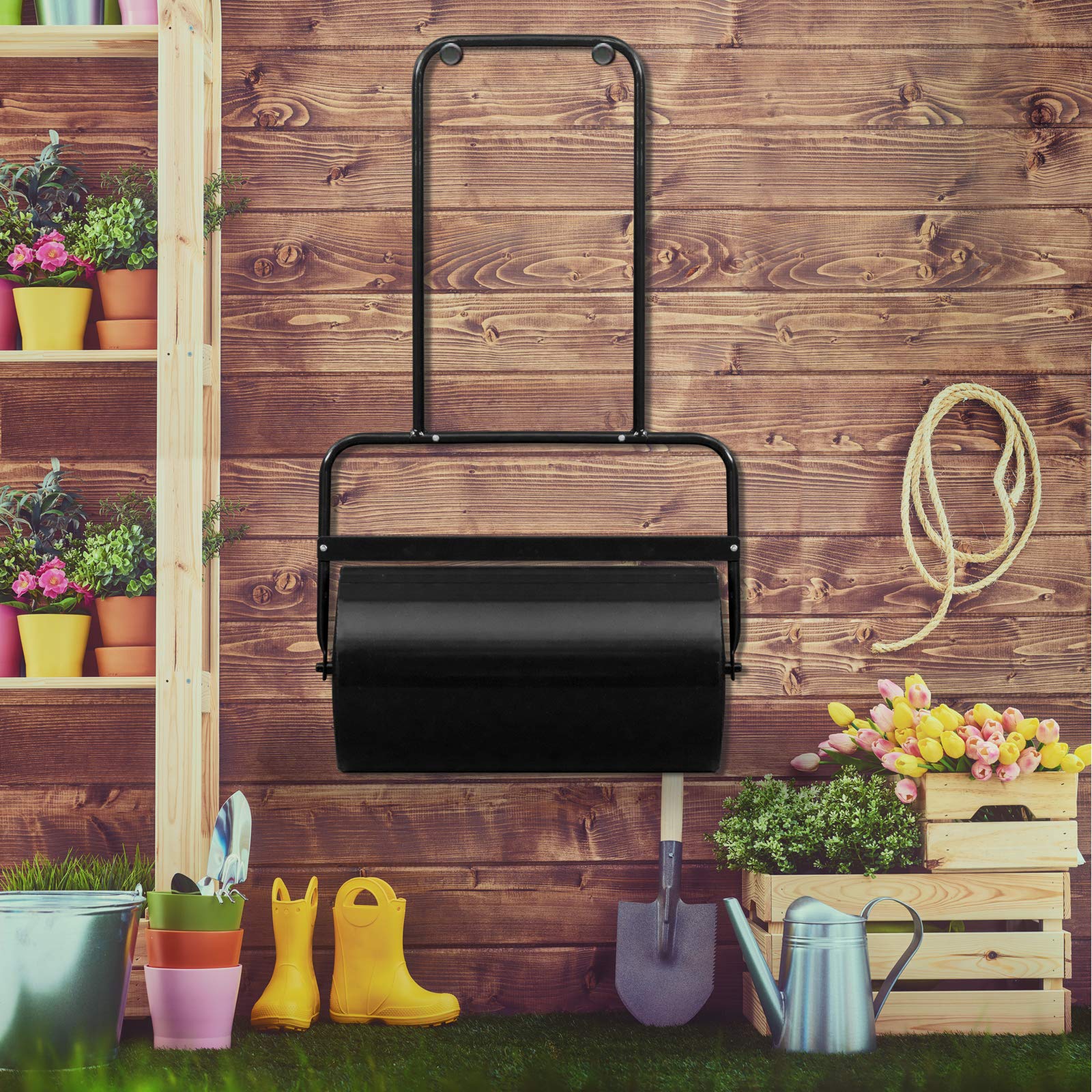 VINGLI 20 Inch Lawn Roller - Heavy Duty Water or Sand Filled Garden Drum Roller for Leveling Grass, Soil & Yard - Push/Tow Behind for Lawn Care, Landscaping & Backyard Maintenance (Black) | Perfect for Seeding, Sod Installation & Ground Preparation
