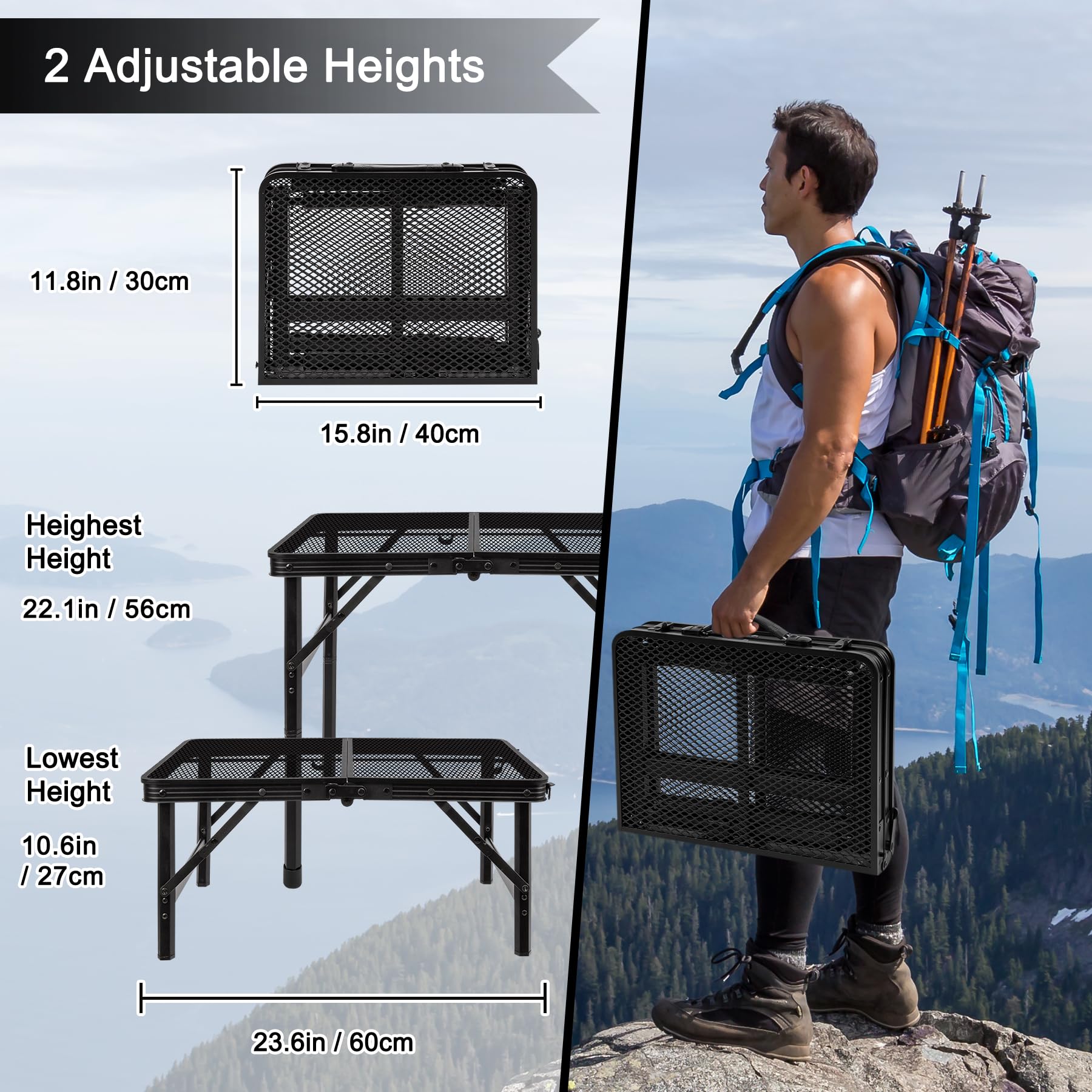 Foldable Grill Table with Mesh Top - Lightweight & Adjustable Height for Camping, Picnics, BBQs - Portable Outdoor/Indoor Cooking & Dining Solution