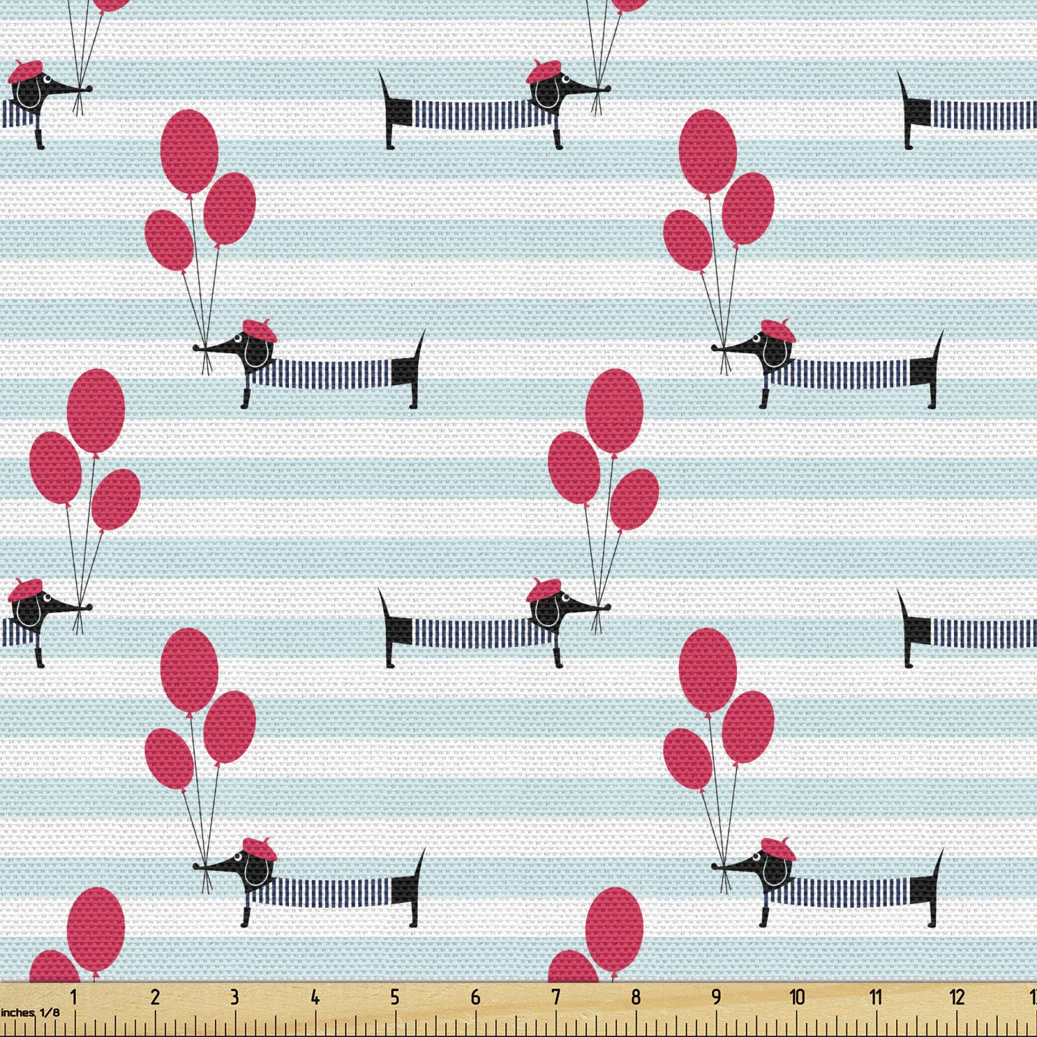 Ambesonne Dachshund Fabric by The Yard - Dog Wearing Beret & Shirt Holding Balloons on Striped Background - Decorative Upholstery Fabric for Sofa, Curtains & Home Decor (1 Yard, Vermilion Pale Blue) - Perfect for DIY Crafts, Pillow Covers & Nursery Decorations