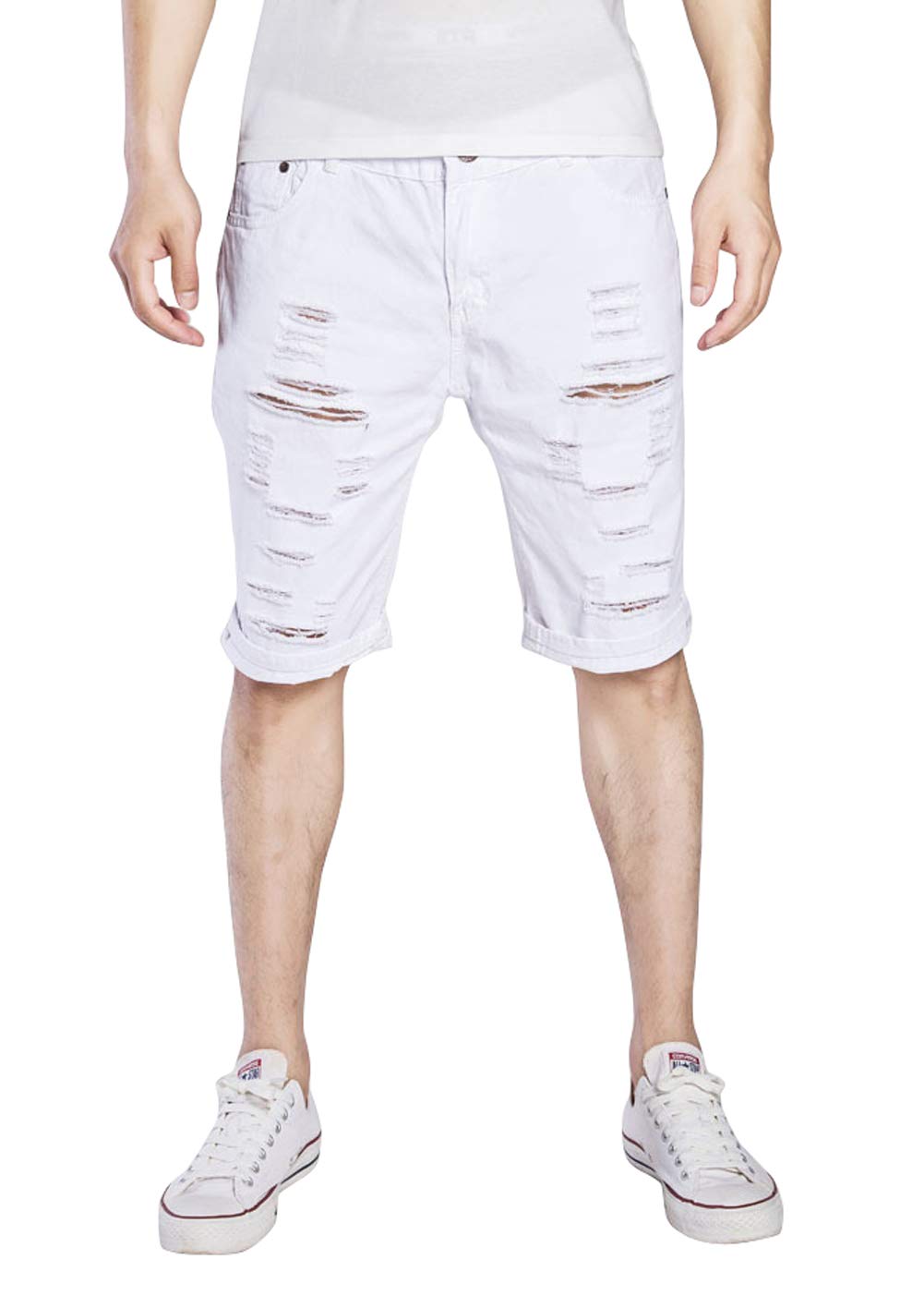 Men's Distressed Denim Bermuda Shorts with Knee-Length Holes - Comfortable Summer Casual Wear for Beach, Travel & Outdoor Activities