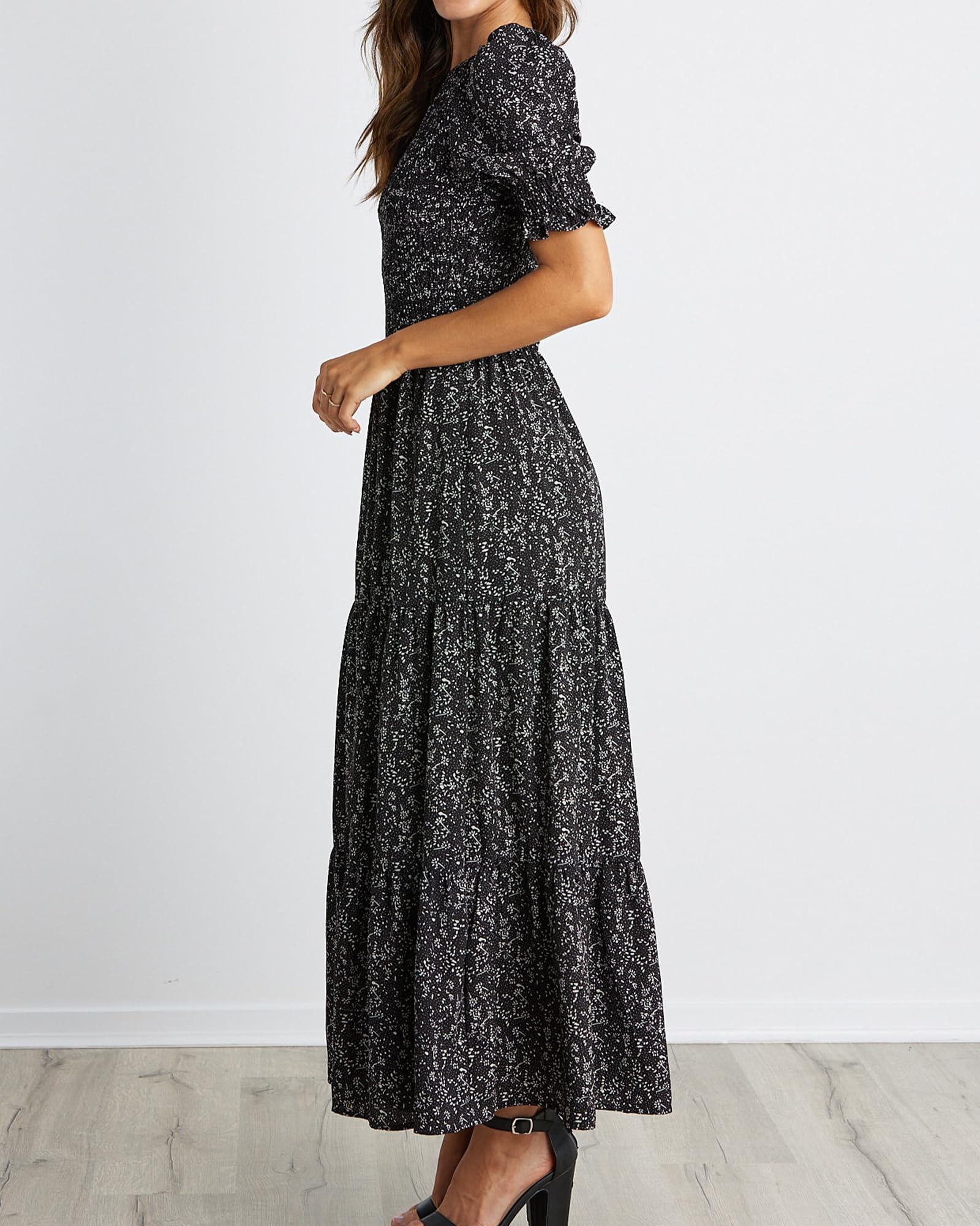 BTFBM Women's Casual Summer Floral Print Maxi Dress - Crew Neck, Ruffle Short Sleeve, Smocked Waist, Boho Style for Spring 2025 | Perfect for Beach Vacations, Date Nights & Summer Parties