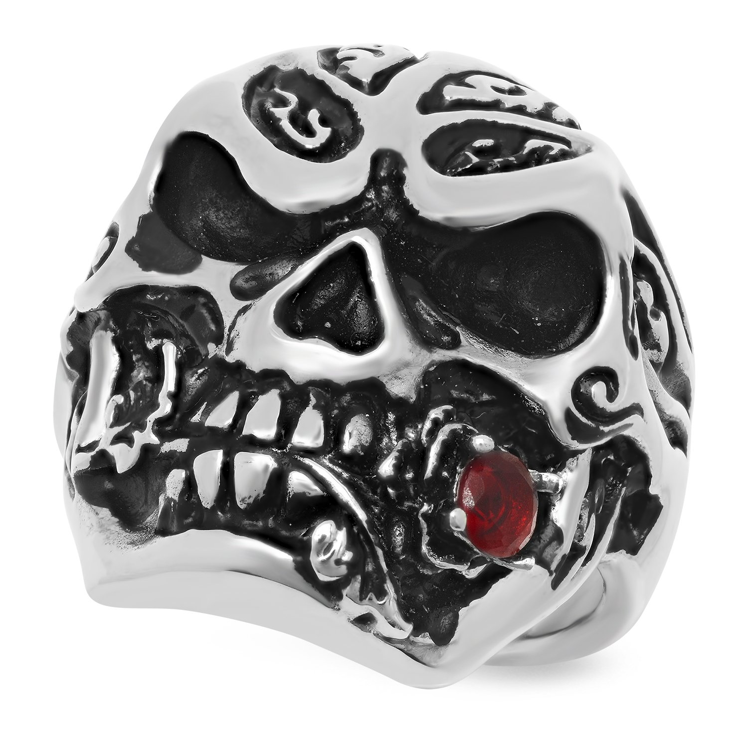 The Bling Factory Menacing Skull Biting Red Rose Ring for Men - Stainless Steel Gothic Jewelry - Perfect for Punk Fashion, Gothic Style & Alternative Outfits