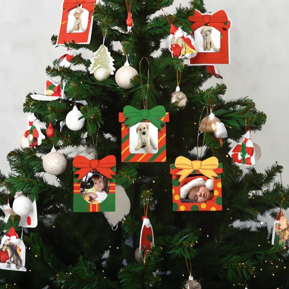 12-Piece Wooden Picture Frame Christmas Ornaments - Handmade Holiday Home Decor for Tree, Gift, and Mantel Display
