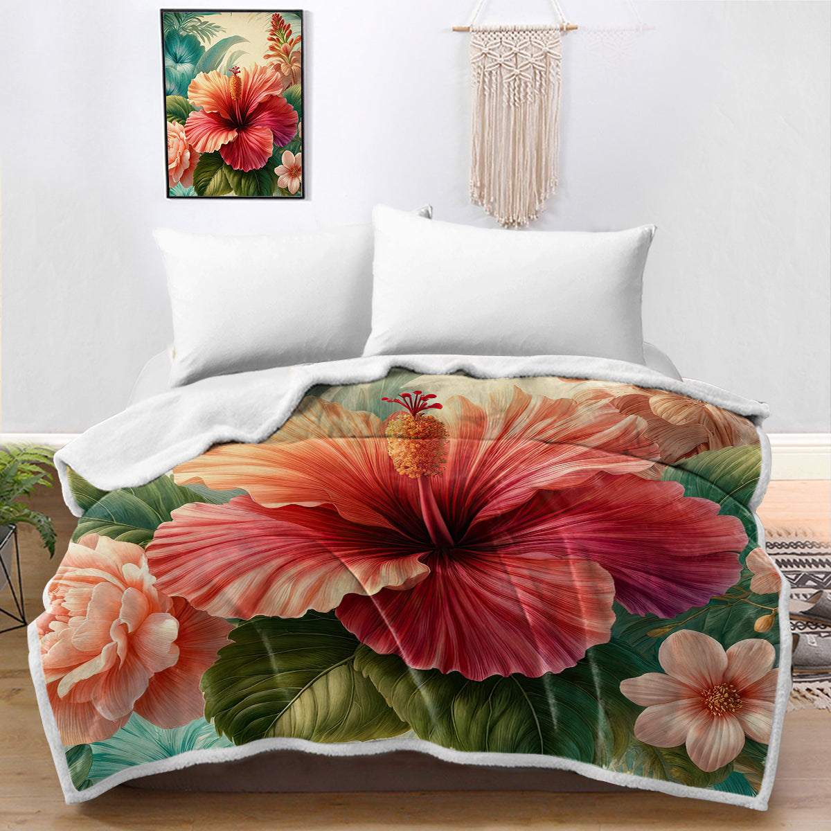 Soft Sherpa Blanket with Hibiscus Flower Design - Cozy Flannel Throw for Bed, Couch & Outdoor Use - Warm & Plush Winter Blanket for Home Decor, Gifts & Camping