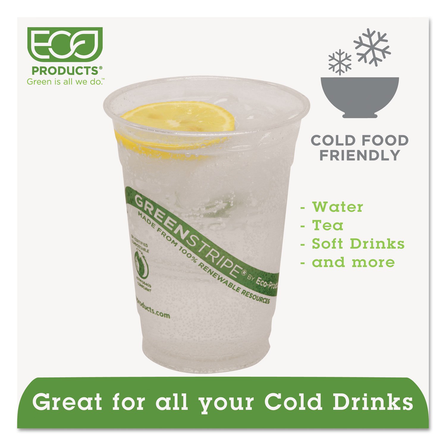 Eco-Products EPCC16GS GreenStripe 16oz Compostable Cold Cups - 50/Pack, 20 Packs/Case | Biodegradable & Eco-Friendly Drinkware for Parties, Picnics, and Office Use