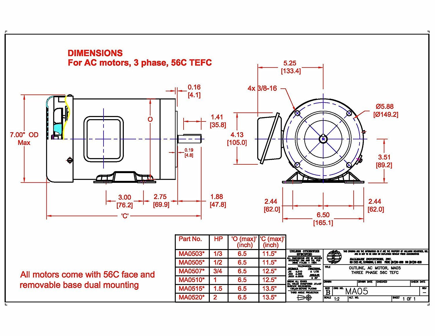 Hallmark Industries MA0515E 1.5 HP AC Motor - 1725 RPM, 3 Phase, 208-230/460V, 56C Frame, TEFC, Inverter Duty, Foot Mounted - Perfect for Industrial Pumps, Fans, and Conveyor Systems (Pack of 1)