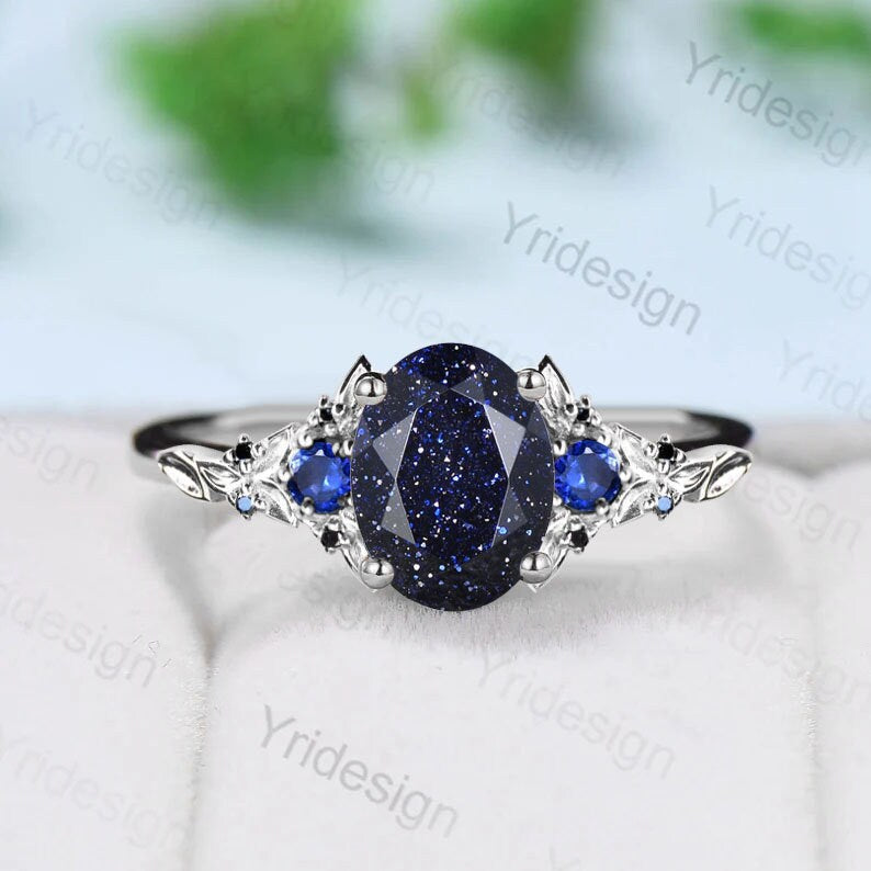 Blue Sandstone Ring - Nature Inspired Oval Cut Galaxy Goldstone Engagement Ring Set with Floral Leaves Sapphire Black Stone Wedding Jewelry - Perfect for Boho Wedding, Anniversary Gift & Spiritual Healing