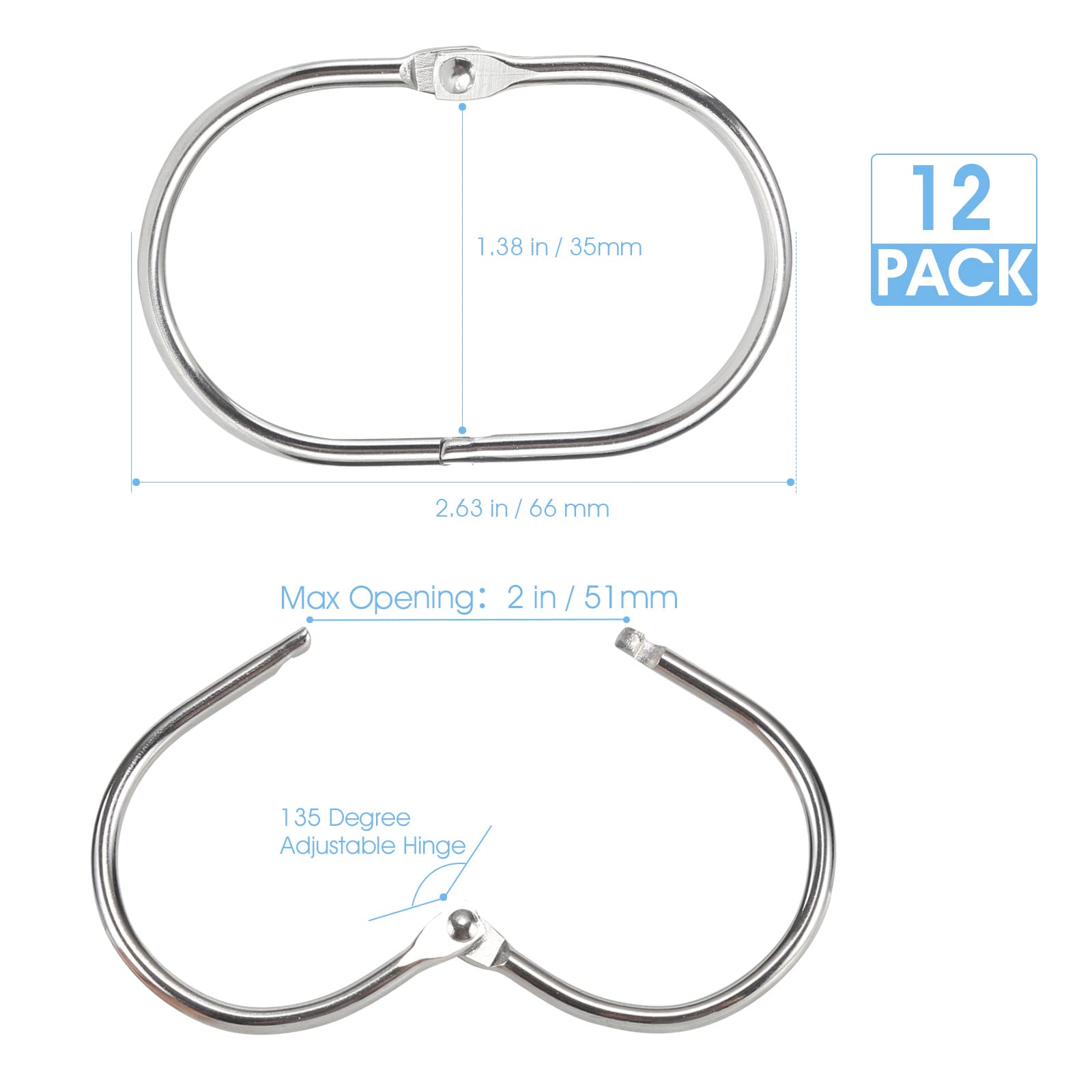 Goowin 12-Pack Rust-Proof Metal Oval Shower Curtain Hooks with Secure Clasp - Chrome Finish for Bathroom Shower Rods & Curtains | Durable & Stylish Bathroom Accessories for Home & Hotel Use