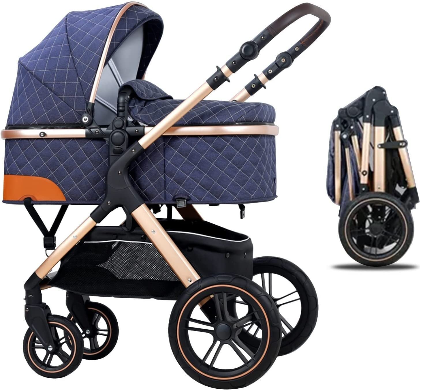 KAMWD 2-in-1 Baby Stroller for Newborns & Toddlers - Convertible Bassinet Stroller with Footmuff, Foldable Two-Way Infant Pushchair, Shock Absorber & Rubber Wheels, Adjustable Canopy & Storage Basket (Blue) - Perfect for Shopping, Travel & Daily Walks