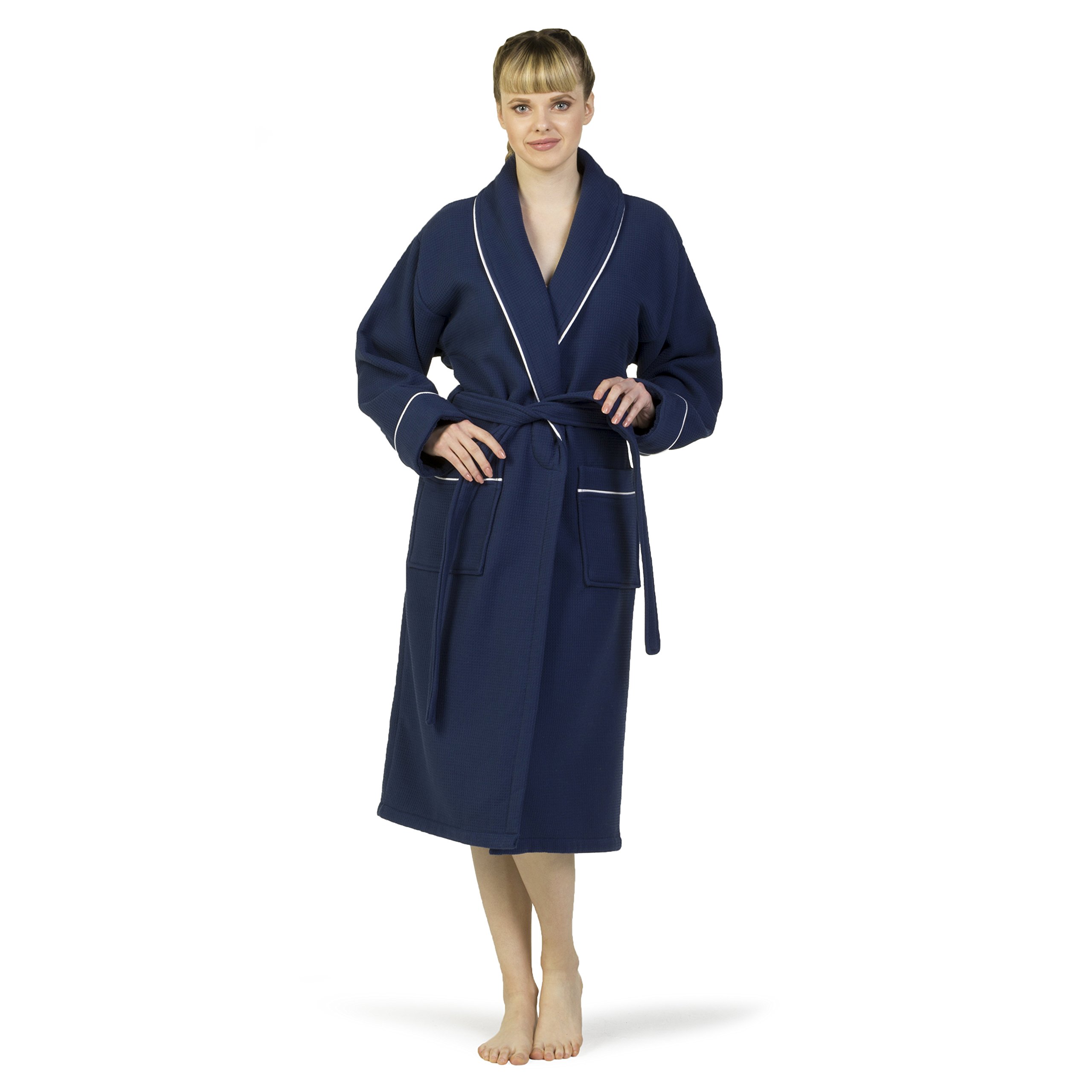 Premium 100% Turkish Cotton Waffle Terry Bathrobe for Women & Men - Soft Absorbent L/XL Navy Blue Spa Robe - Perfect for Bath, Poolside & Luxury Hotel Experience
