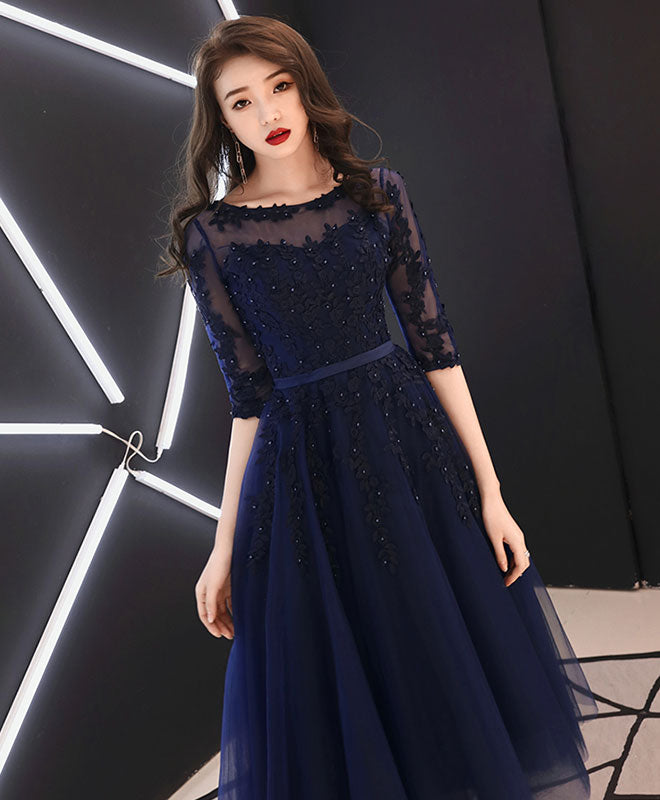 Elegant Blue Round Neck Tulle Lace Prom Dress | Tea Length Homecoming Dress for Women | Perfect for Formal Dances, Weddings & Special Occasions