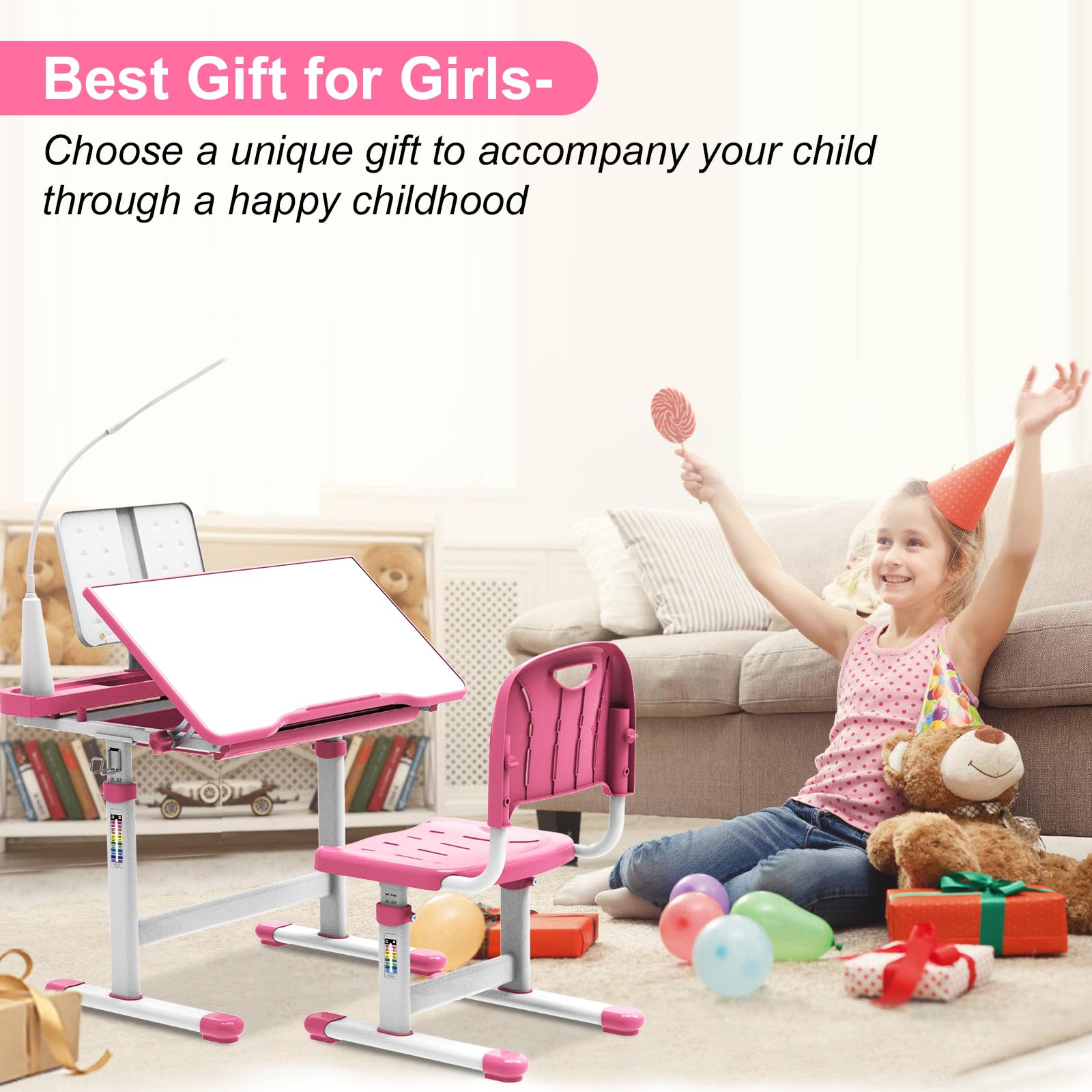 Adjustable Kids Study Desk with LED Light - Height & 40° Tiltable Desktop for Children Ages 5-8 | Perfect Birthday, Christmas & New Year Gift (Pink) | Ideal for Homework, Drawing & Reading Activities