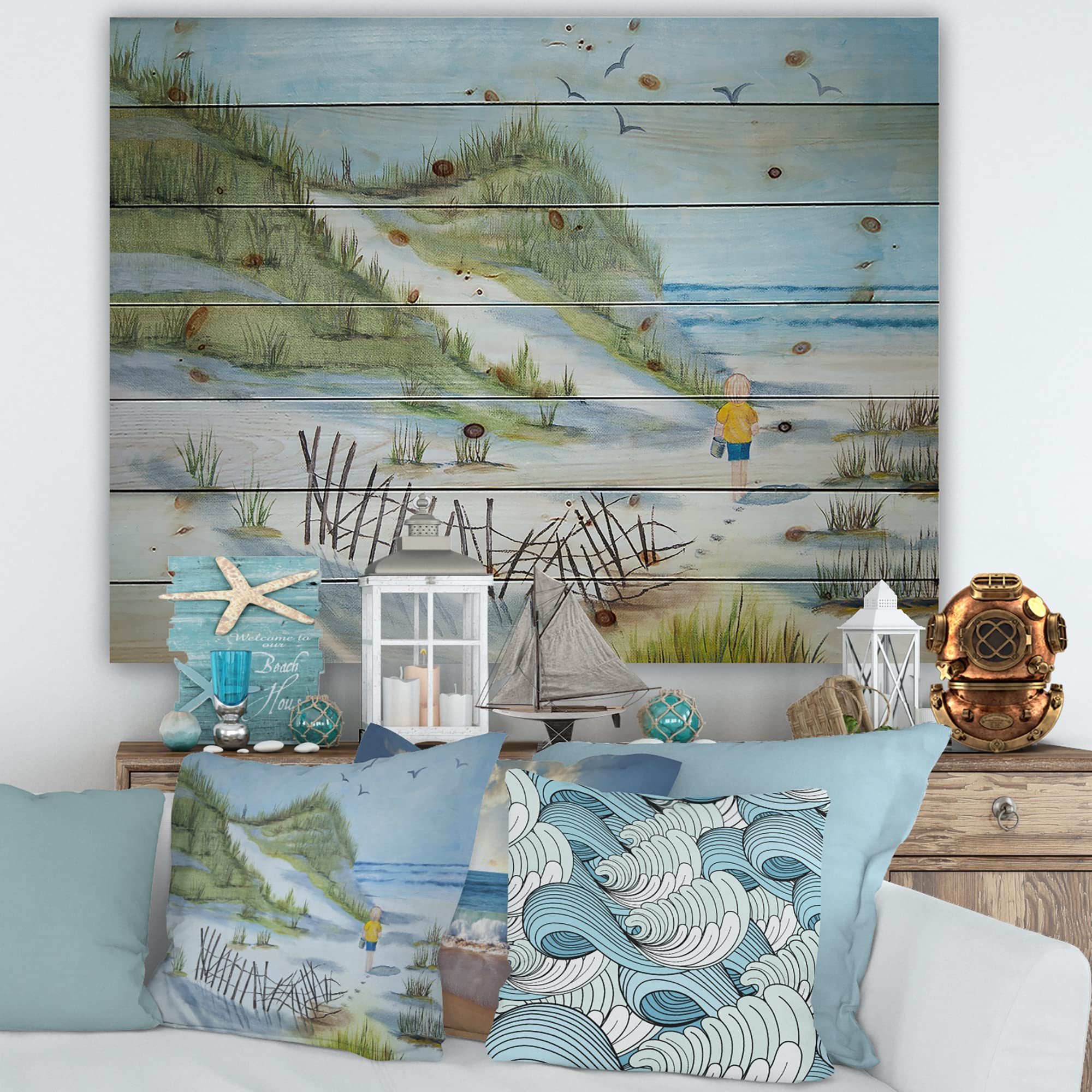 DesignQ Nautical Coastal Wood Wall Art - Blue Beach-Themed Child Walking The Beach Wooden Wall Decor, Large Pine Wood Wall Panels for Nursery, Kids Room & Beach House Decor