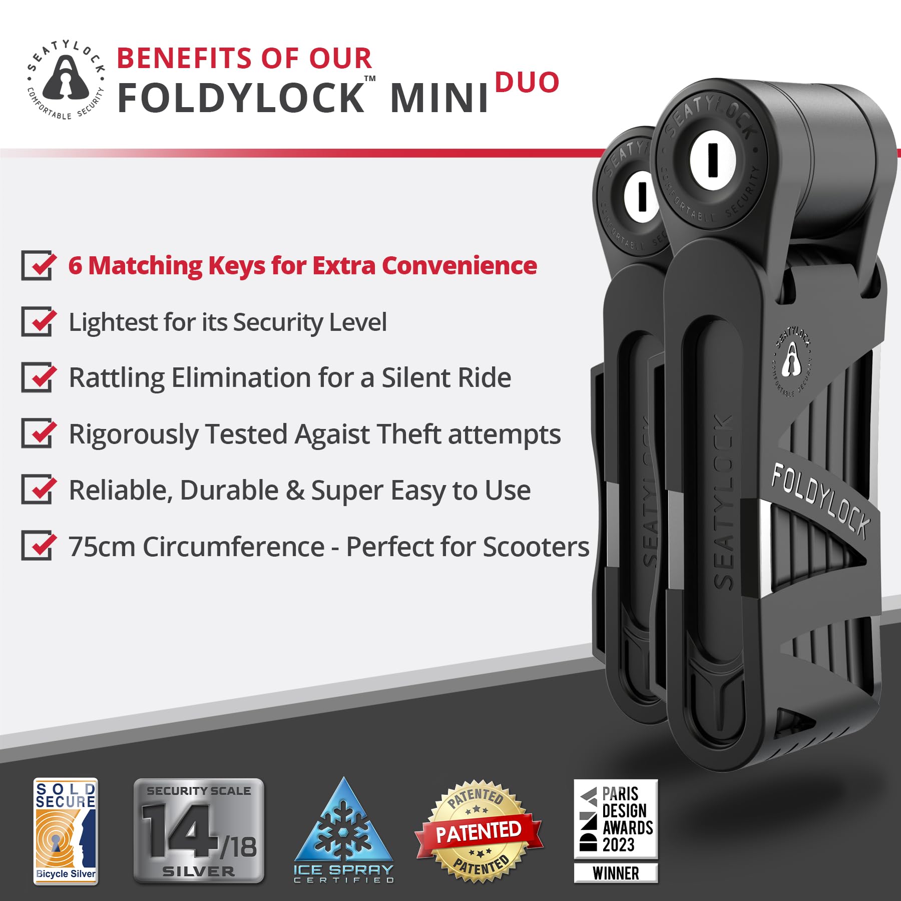 Seatylock FoldyLock Mini Folding Bike Lock - Lightweight & Heavy Duty Anti-Theft Bicycle Lock with Key - Secure Electric Scooters, City Bikes & Commuter Bikes - Perfect for Urban Cycling, Campus Safety & Public Transit Rides